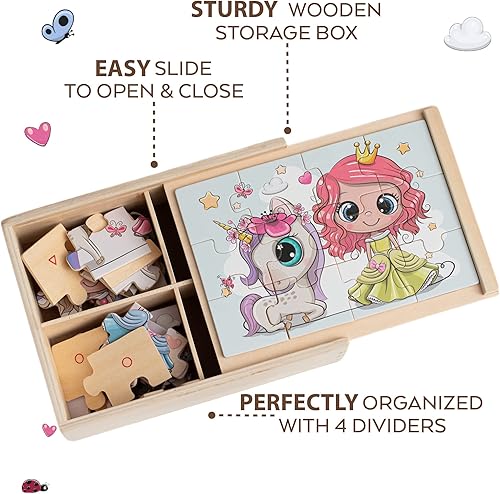 Miniatura 2 de Vehículo de emergencia 4 en 1 y unicornio princesa rompecabezas de 48 piezas de camión de madera para niños pequeños con una caja de bomberos