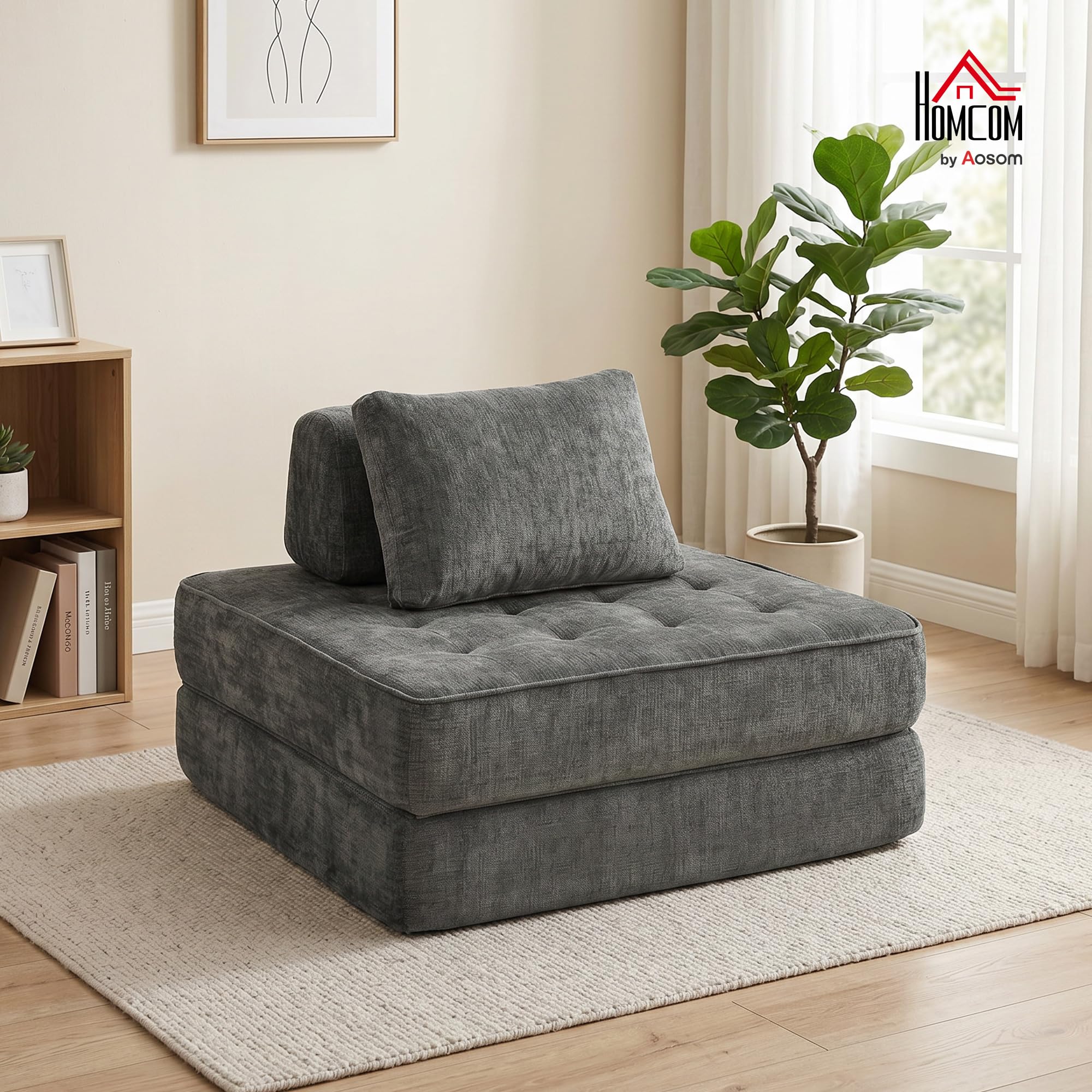 HOMCOM Canapé-Lit Pliant 2 en 1 Chauffeuse 1 Place en Chenille Gris | Matelas Pliable, Coussin Épais, Dossier et Oreiller, Entièrement Compressé, Aucun Assemblage Requis, pour Salon Chambre