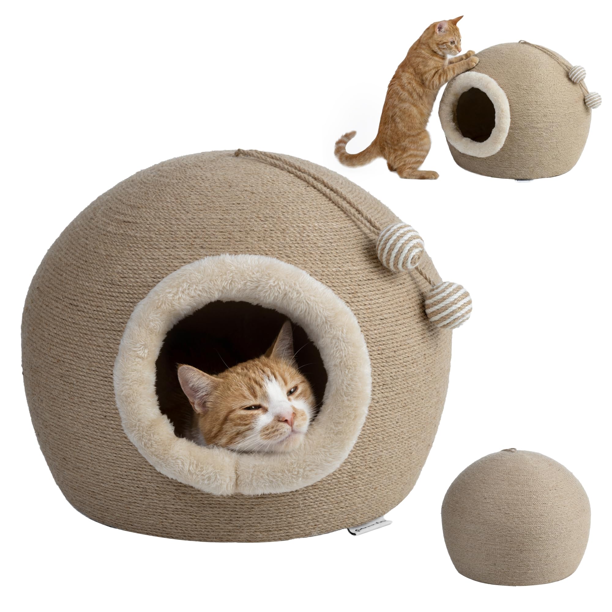 Flurby Rascador de Sisal con Casa para Gato Bola 45x45x37 cm, Cama y Escondite, Base Estable Antideslizante, Juguete con 2 Pelotas Colgantes