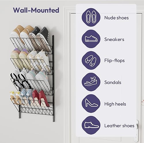 Miniatura 2 de SWTYMIKI Organizador de zapatos para colocar sobre la puerta  Organizador ajustable de 4 niveles para colgar zapatos, metal resistente detrás de la