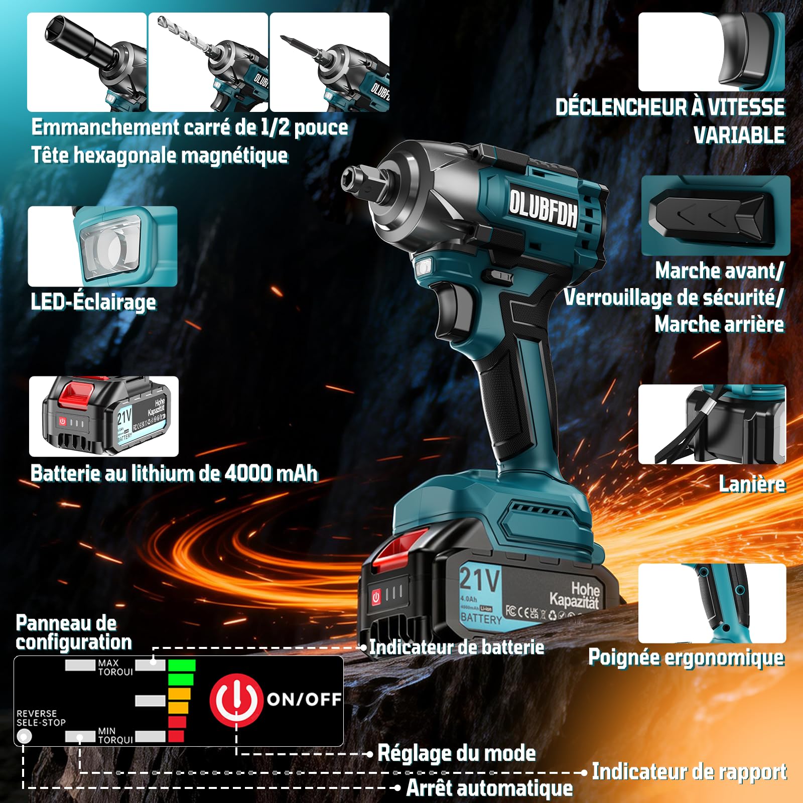 Clé à Chocs Sans Fil Brushless, avec 4.0 Ah Batteries, Couple Maximal 500 Nm, avec 6 Douilles à Chocs, chargeur rapide, 21V Visseuse à Chocs pour Voiture Familiale/Camionnette