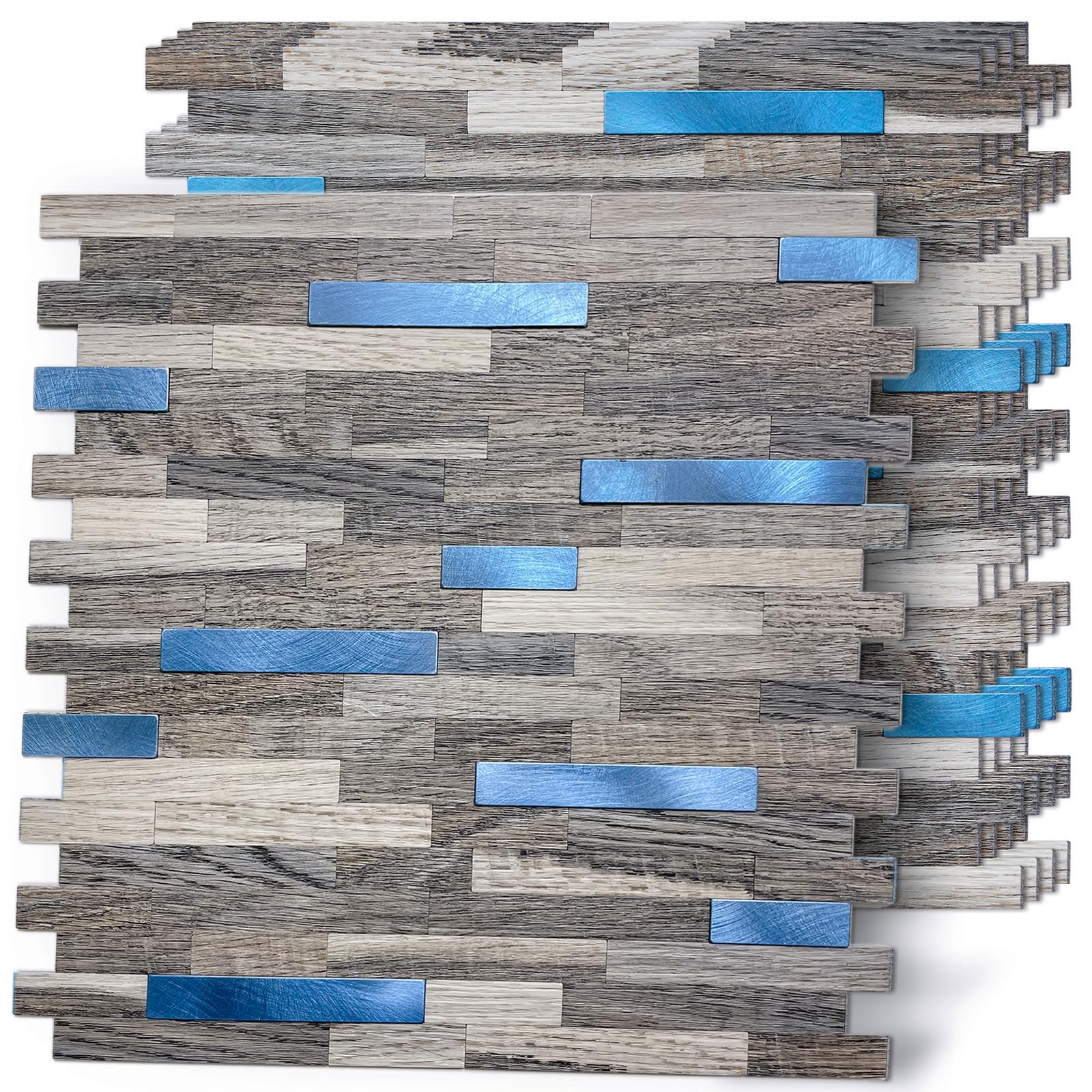 HomeyMosaic 10-Sheets Backsplash Tile Peel and Stick on Kitchen Laundry Fireplace Subway 3D Wall Tiles in Blue Metal Brown Wood