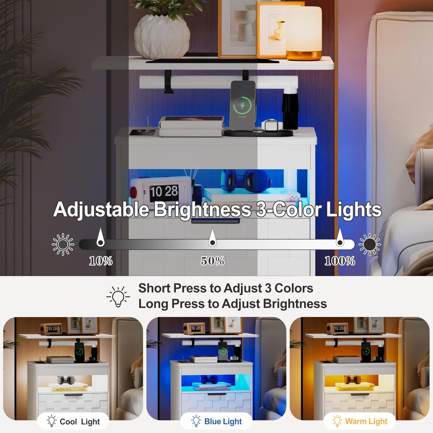 Height Adjustable Nightstand with Charging Station, LED Bedside Table 2 Drawers, Smart Wooden End Table Dorm Rolling Side Table Laptop Workstaion with Wheels for Bedroom, White