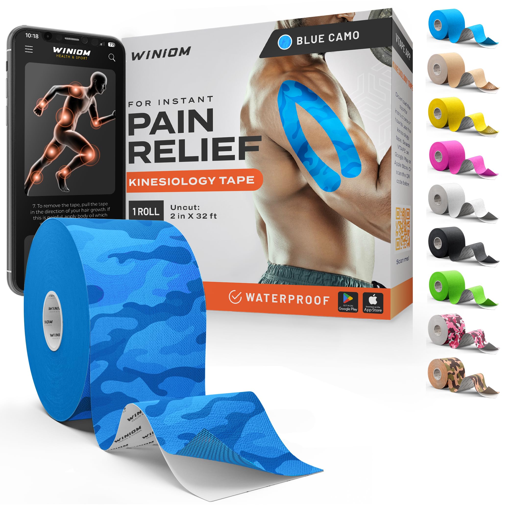 Kinesiology Tape - Waterproof Athletic Sports Tape for Knee, Shoulder, Arm &amp; Back Support | 3-5 Day Adhesion, Hypoallergenic &amp; Latex-Free + Taping Guide (Uncut, 2"x32ft Roll, Electric Blue Camo)