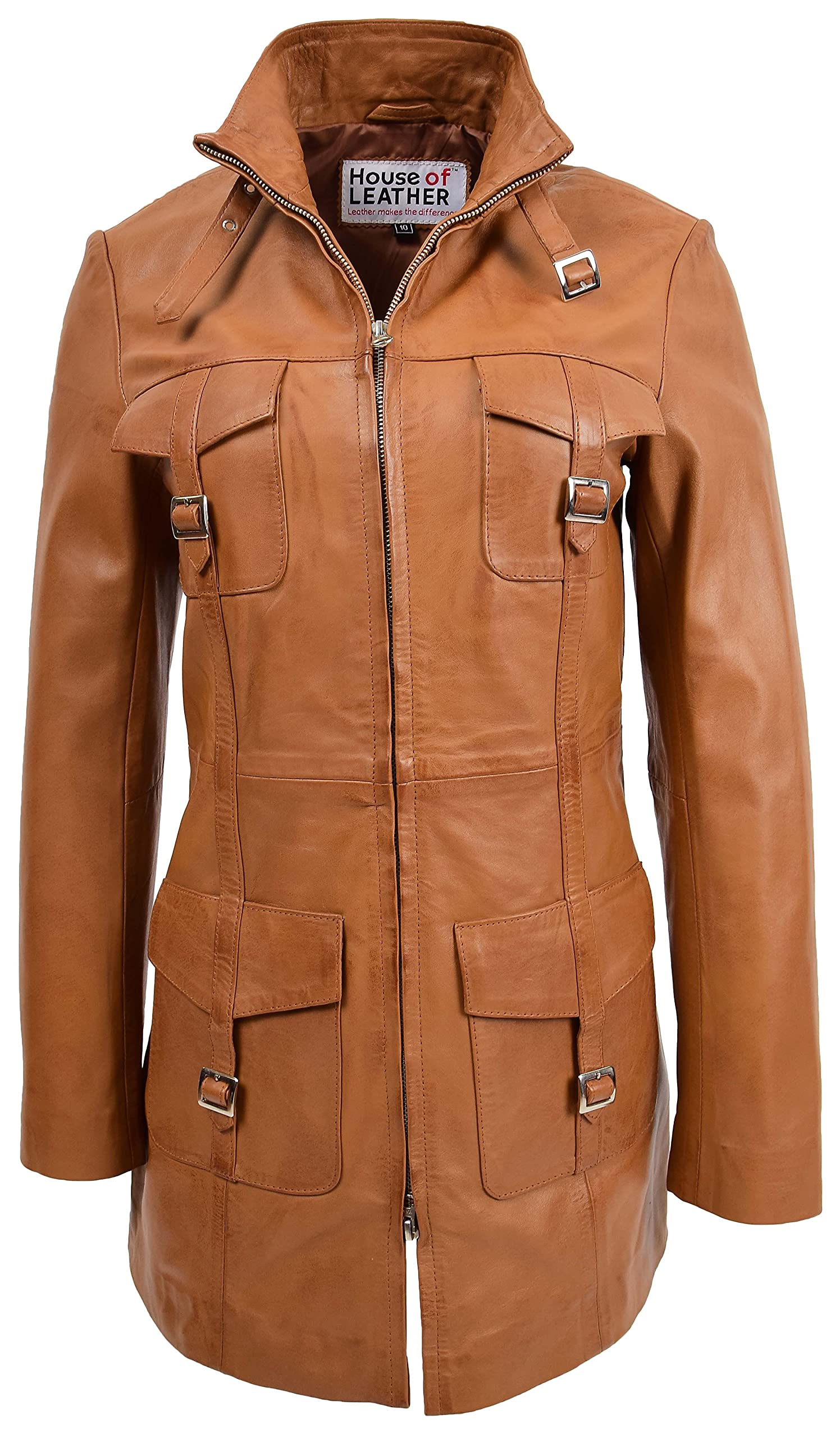 House Of Leather Women's Tan Real Leather Coat Mid Length Dual Zip Fastening Kendall (16, )
