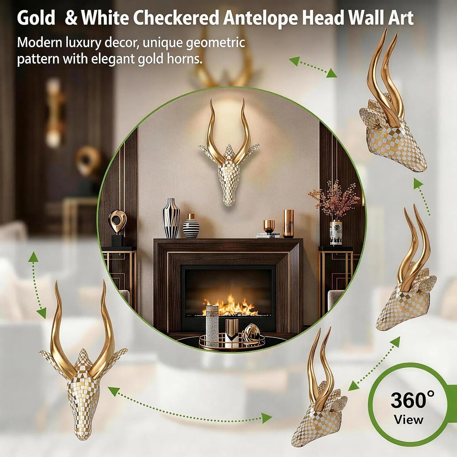 GIGICICI 13.7x5.5-Inch Antelope Head Wall Sculpture Modern Resin Animal Decor Art Vintage Mosaic Statue for Living Room Bedroom Office, White Gold Checkered Gold Horns 3D Wall Art