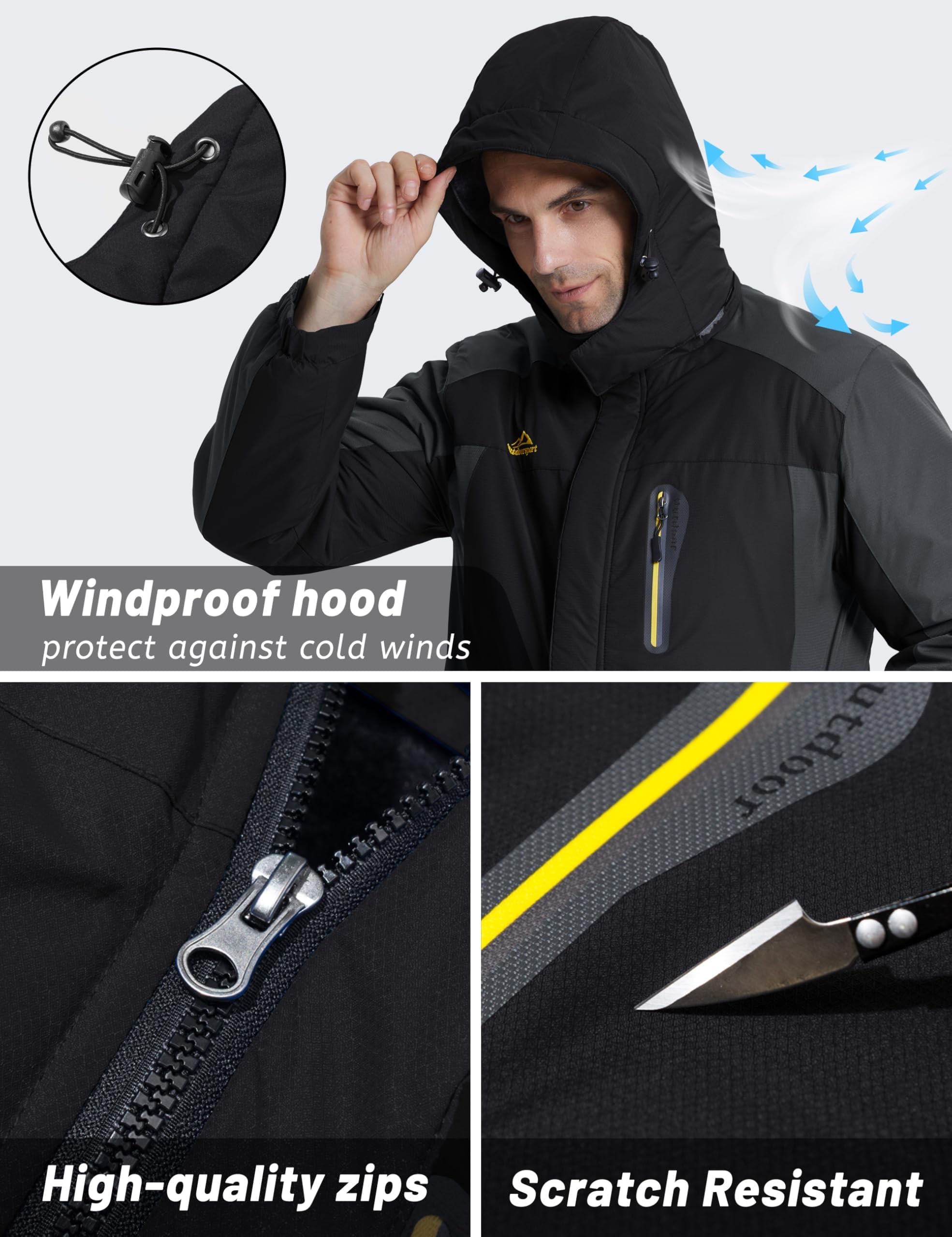 TACVASEN Chaqueta de Senderismo Impermeable para Hombre Cálida Chaqueta de Lana Chaqueta de Esquí al Aire Libre Chaqueta con Capucha