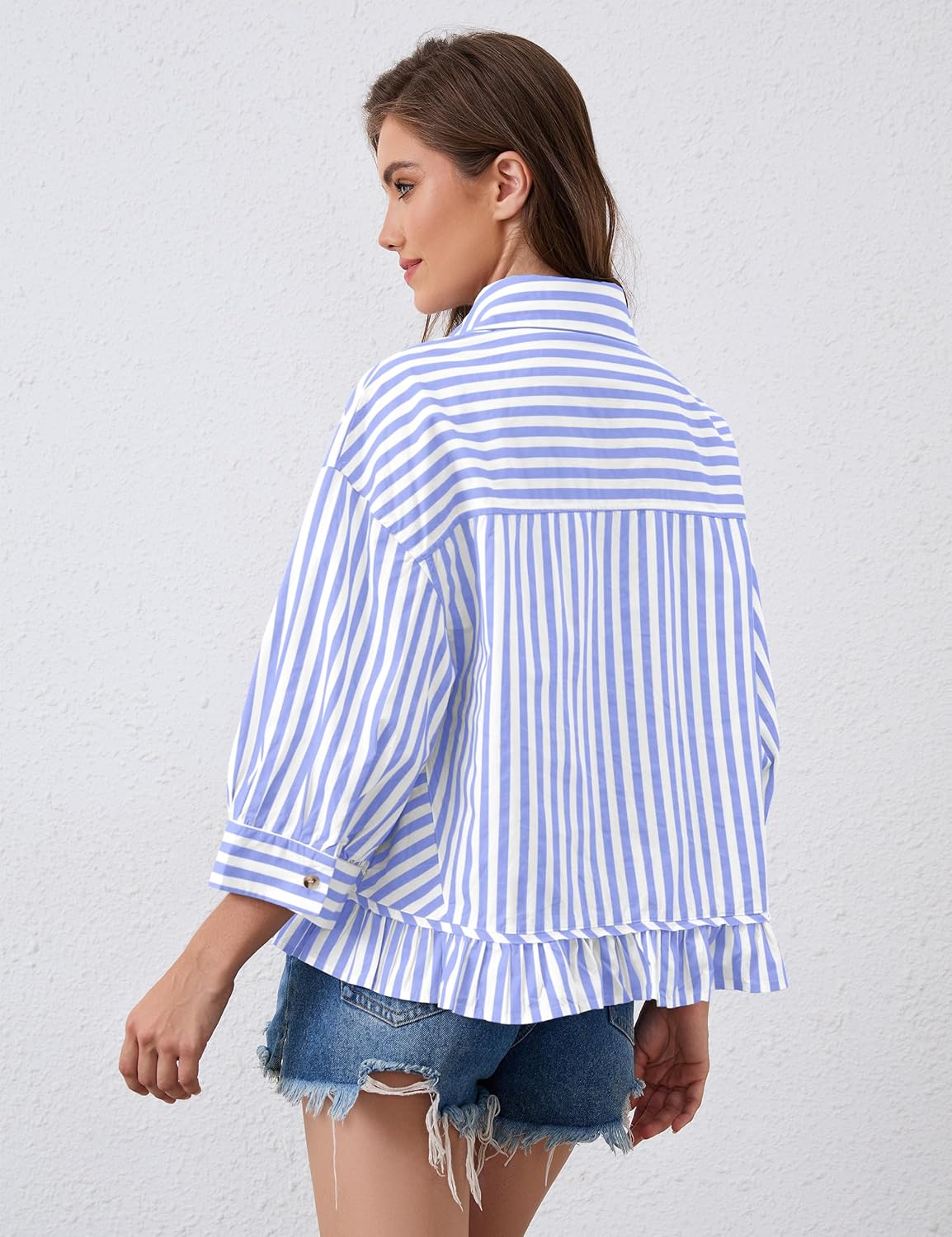 Womens 3/4 Length Sleeve Striped Button Down Shirt Loose Fit Drop Shoulder Trendy Ruffle Hem Striped Blouses Top - Image 3