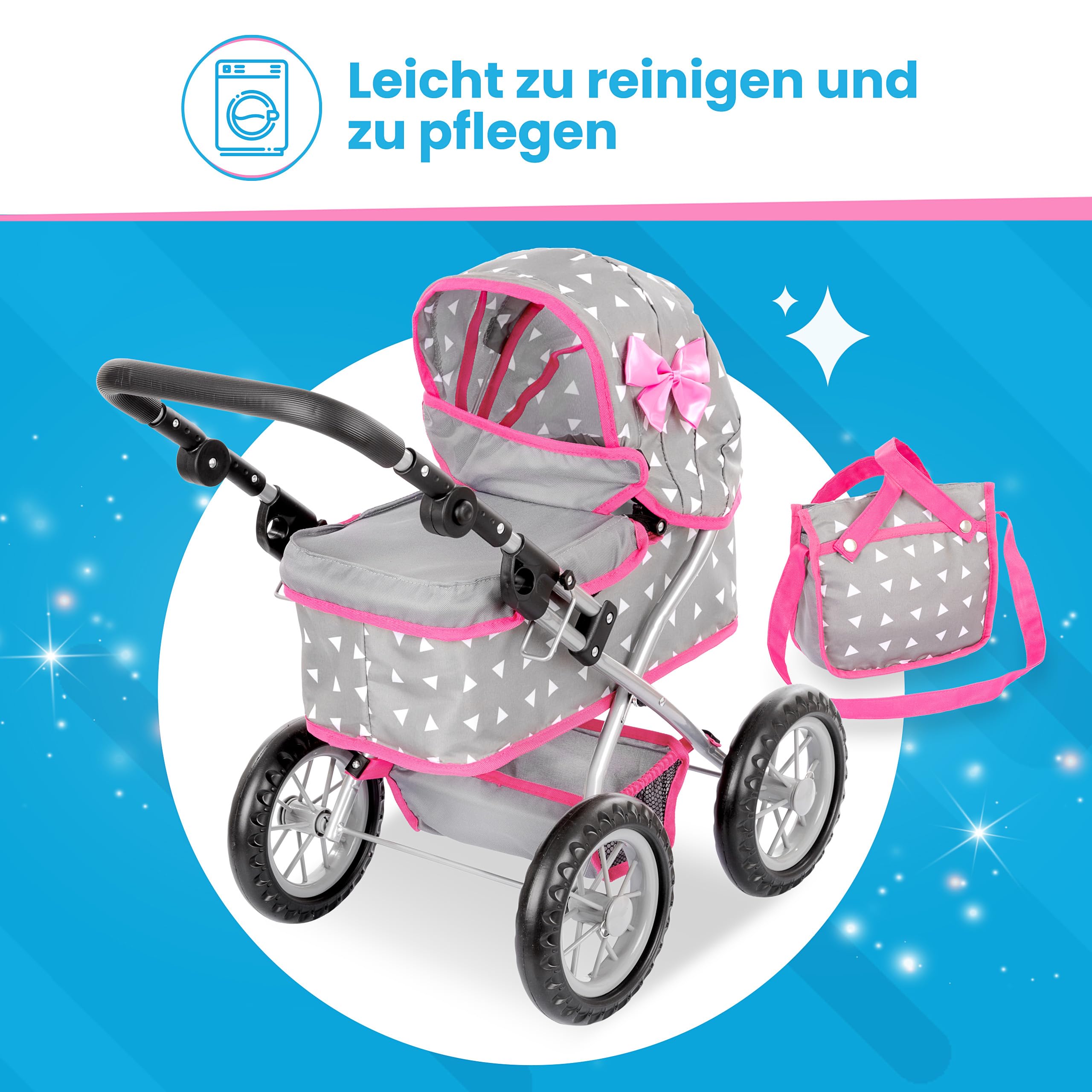 Kinderplay Puppenwagen mit großer Wanne – Höhenverstellbarer Griff 33–63 cm – Für Puppen bis 41 cm – Leichter Puppenbuggy für Kinder ab 3 Jahren – Leise Schaumräder