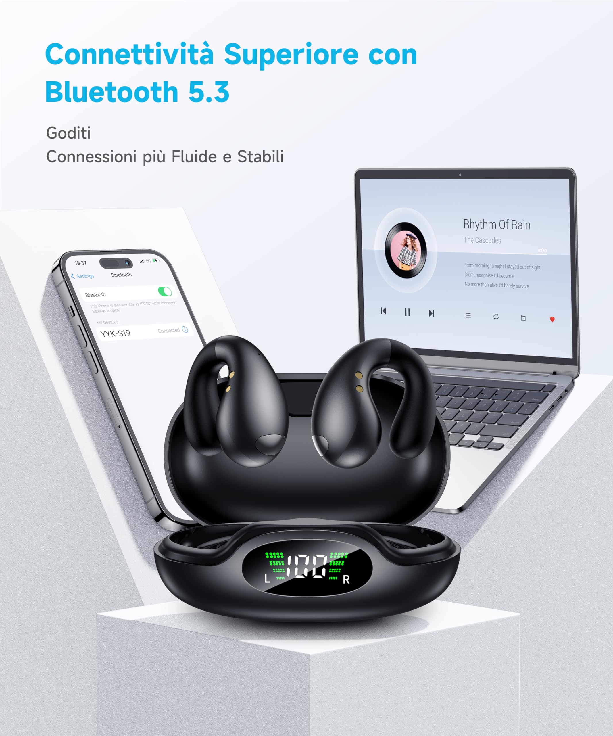 Auricolari Ultra Orecchio Aperto - Ergonomica Clip-On Cuffie Conduzione Ossea con Design Impermeabile e Adattabilità Sicura per Orecchie Piccole, Perfetto Cuffiette per Sport e Fitness - Classico Nero
