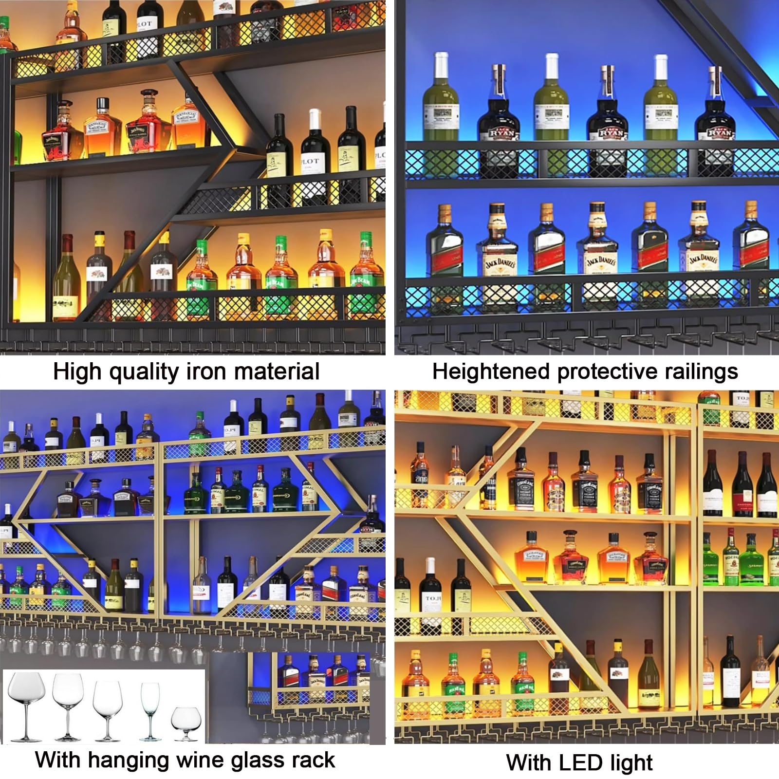Home Bar Display Shelf With Lighting Metal Wine Rack Wall Mounted With ...