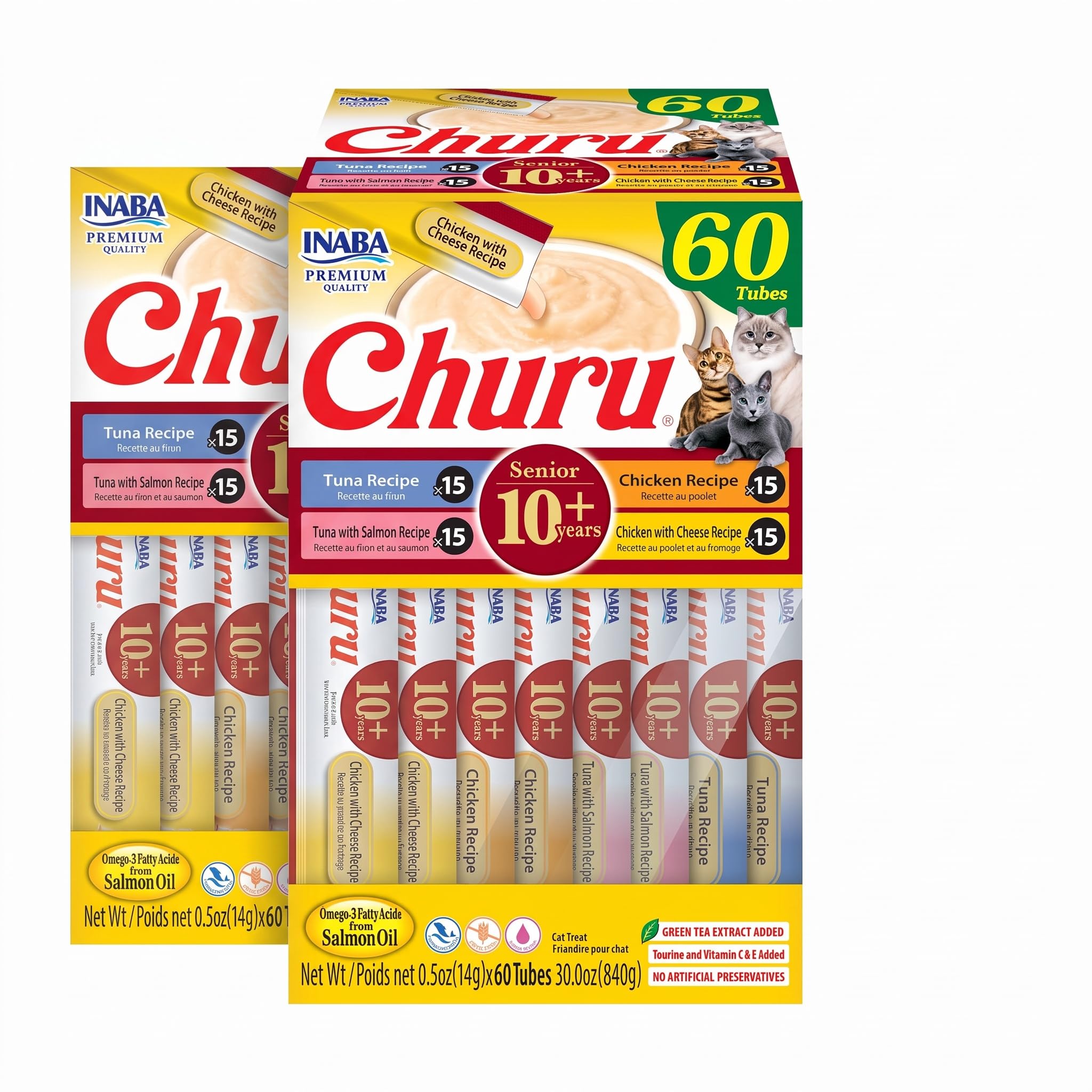 INABA Churu for Senior 10+,Creamy Lickable Cat Treats with Taurine,Vitamin E &amp; C,0.5 Ounces Each,Tubes,Tuna &amp; Chicken Variety,(Pack of 120)