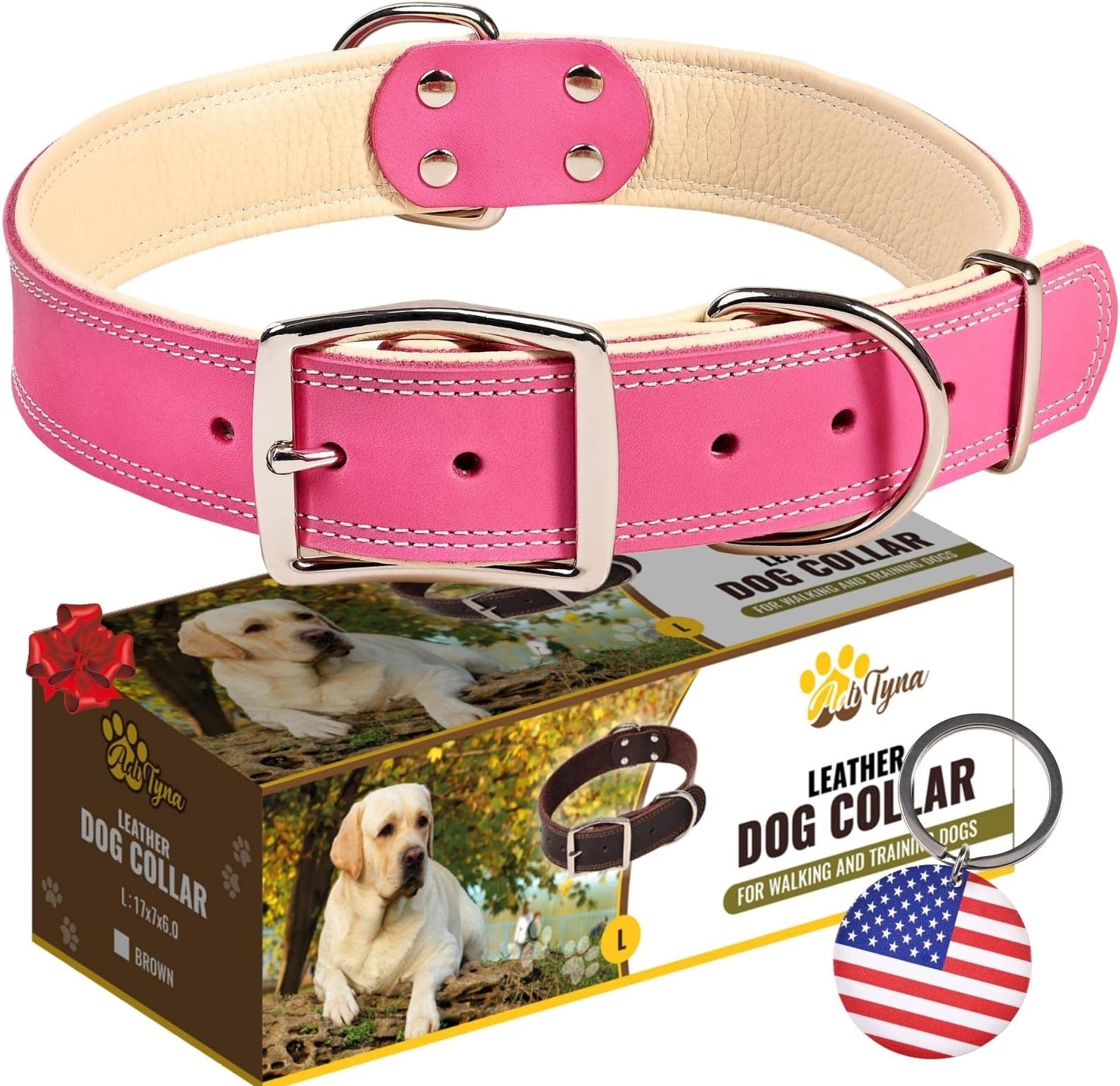 - ADITYNA Heavy-Duty Pink Leather Dog Collar for Large Dogs - Lined with Soft Leather - Girl Dog Collar for Walking, Training, and Hiking