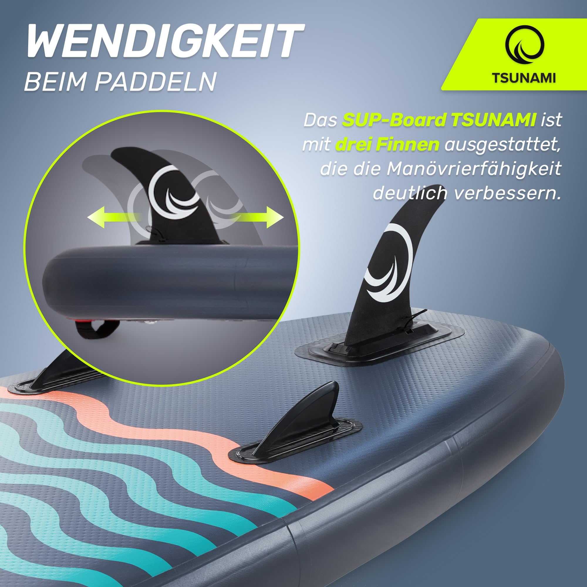 TSUNAMI Stand Up Paddling Board Model T, SUP-Board mit Komplettes Zubehör, Board-Tasche, Pumpe und Sicherheitsleine, Tragkraft bis 150kg, Länge 350 cm, für Erwachsene und Jugendliche Aller Niveaus