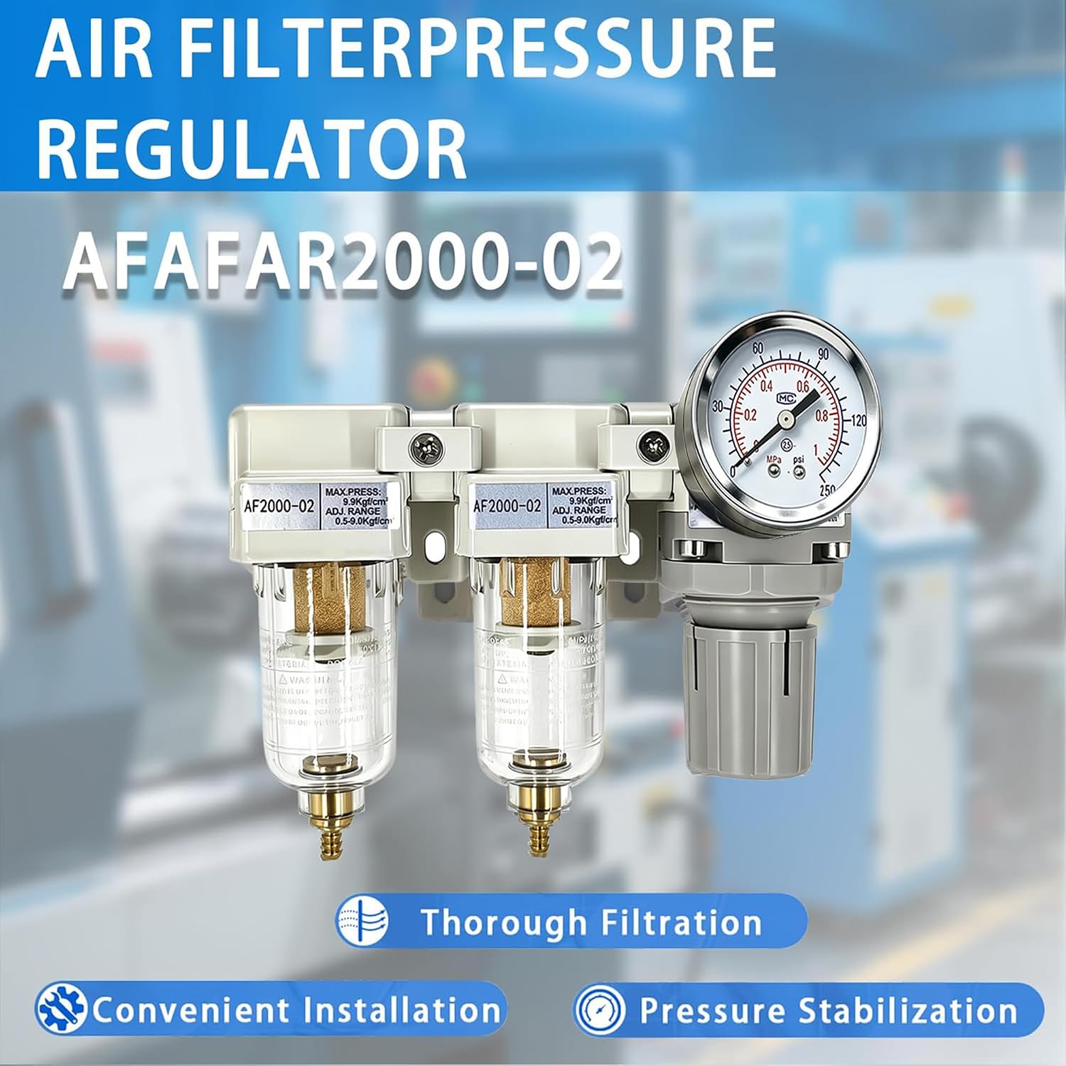 XingNEeng 1/4" NPT Air Drying System-Double Air Filter, Air Pressure Regulator Combo, Air Compressor Water/Oil Separator with 0-150 psi Gauge, AC2000-02, Manual Drain, 5 Micron Brass Element