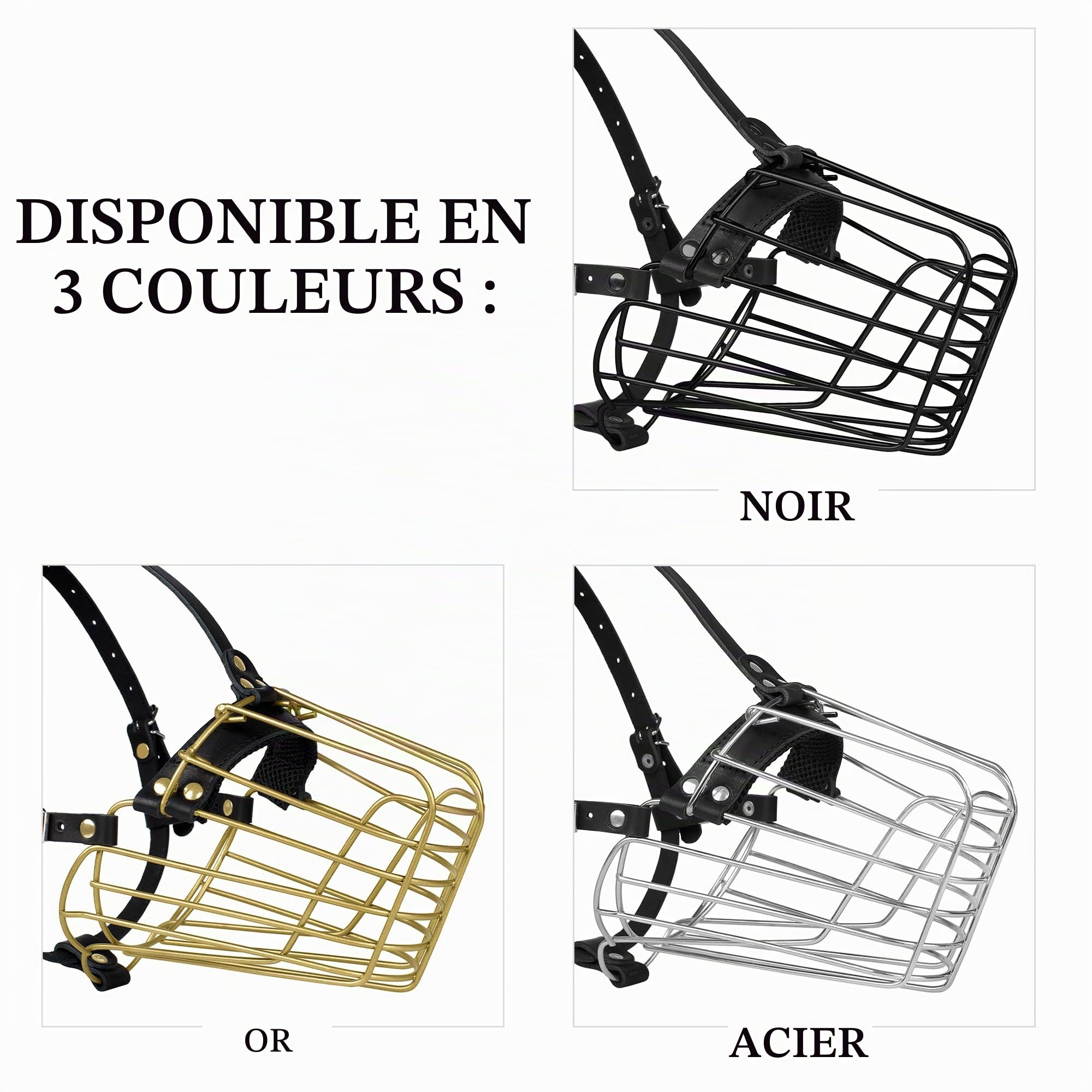 Muselière pour chien de berger allemand en métal pour chiens de taille moyenne et grande avec sangles en cuir durables réglables et masque métallique sécurisé pour mordre la mastication et les