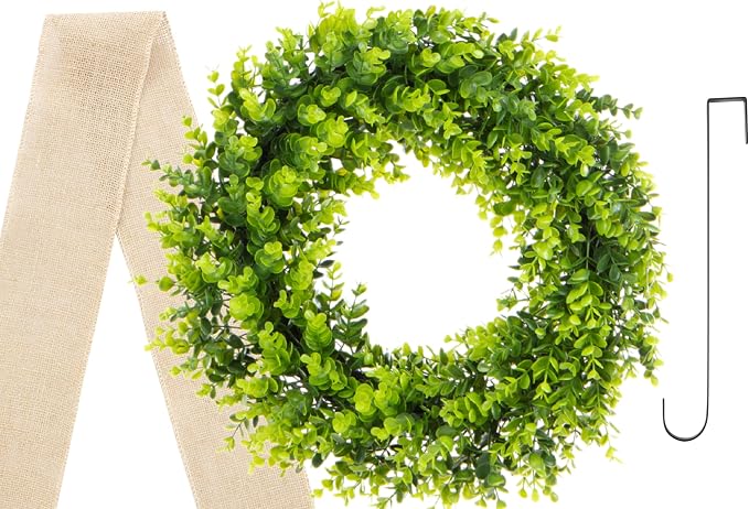 20" Boxwood Wreath with Metal Hanger & Burlap Ribbon – Lush Front Door, Wall, or Window Decor – Indoor/Outdoor Faux Greenery – Rustic Farmhouse Style for Year-Round Warmth & Charm