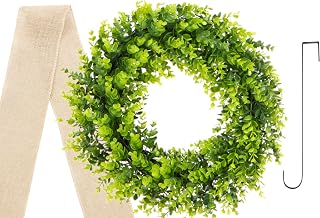 20" Boxwood Wreath with Metal Hanger & Burlap Ribbon – Lush Front Door, Wall, or Window Decor – Indoor/Outdoor Faux Greenery – Rustic Farmhouse Style for Year-Round Warmth & Charm