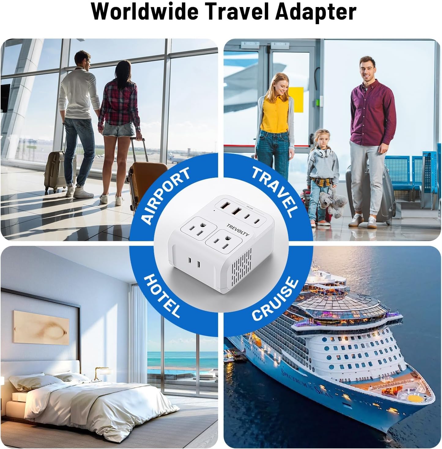 2000W European Travel Plug Adapter with 3 AC & 4 USB Ports, Adapter for Europe Plug with Type A B C E F G I for EU UK AU