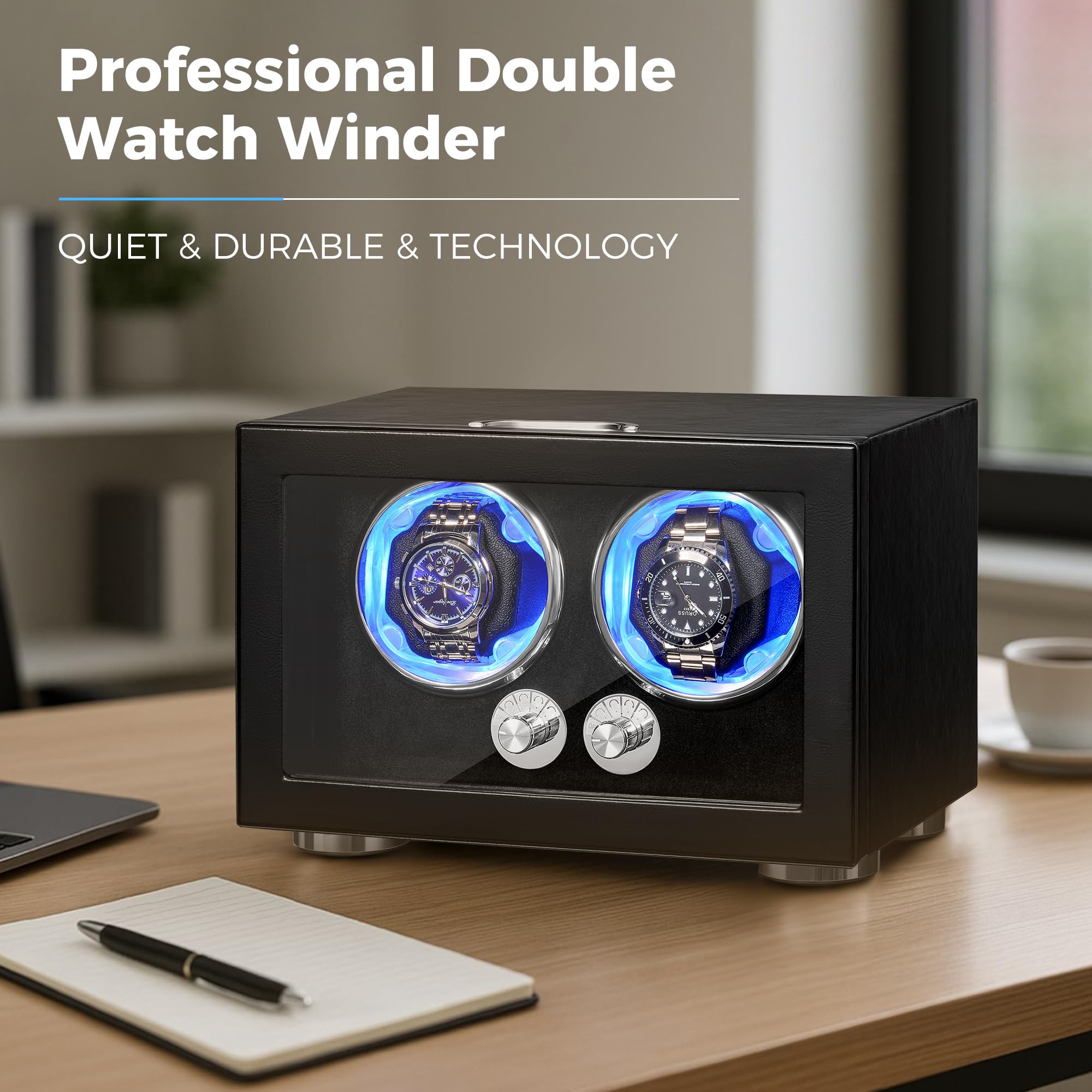 ANWBROAD Watch Winder for Automatic Watches Double Watch Rotator with LED and 4 Rotating Modes Watch Turner Super Quiet Mabuchi Motor Watches Winder Box with Adapter Gift for Man UJWW004B