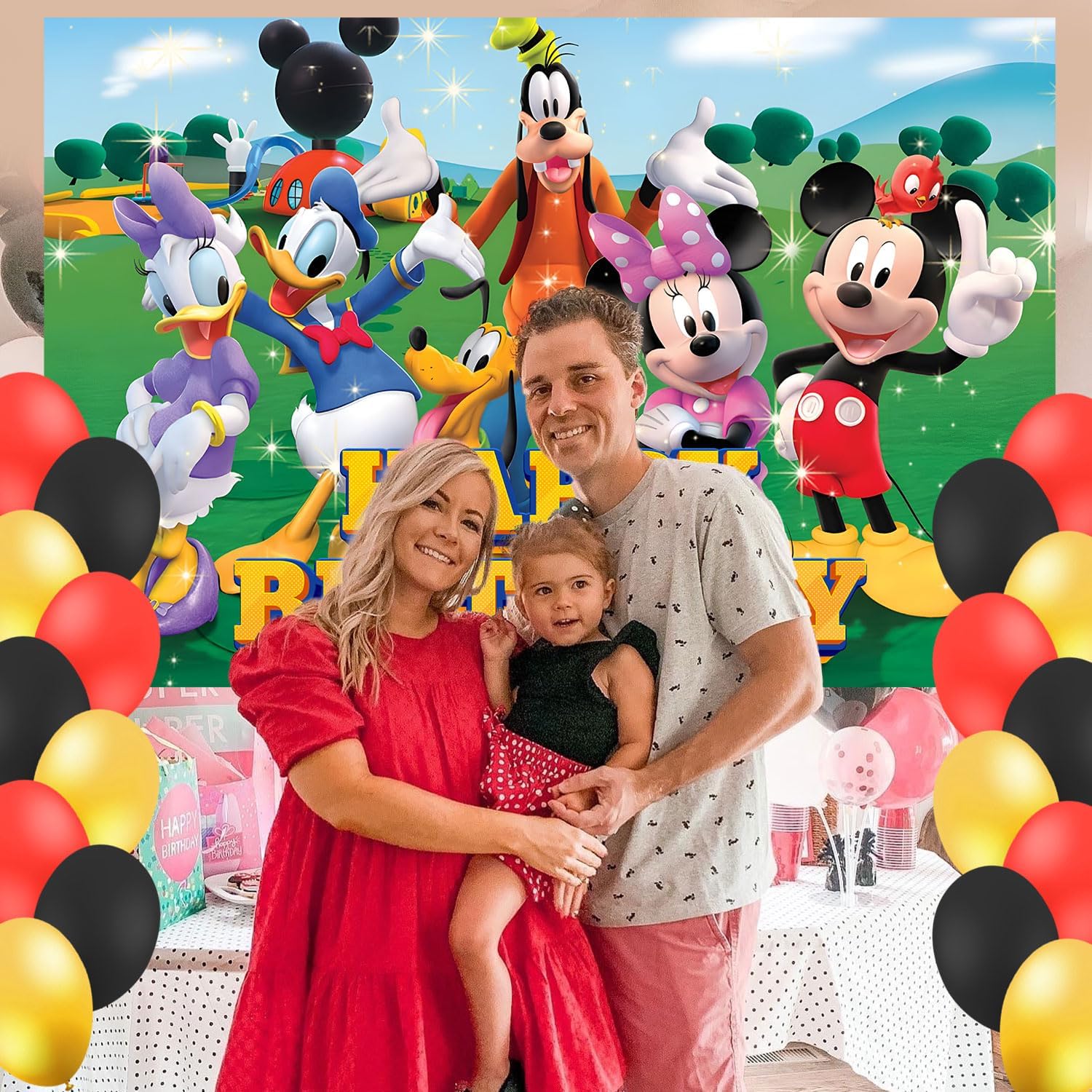 Cartoon Mouse Birthday Party Decorations Banner Backdrop - Cute Mouse Themed Banner Party Supplies for Kids Fans, Happy Birthday Photography Background Wall Decor