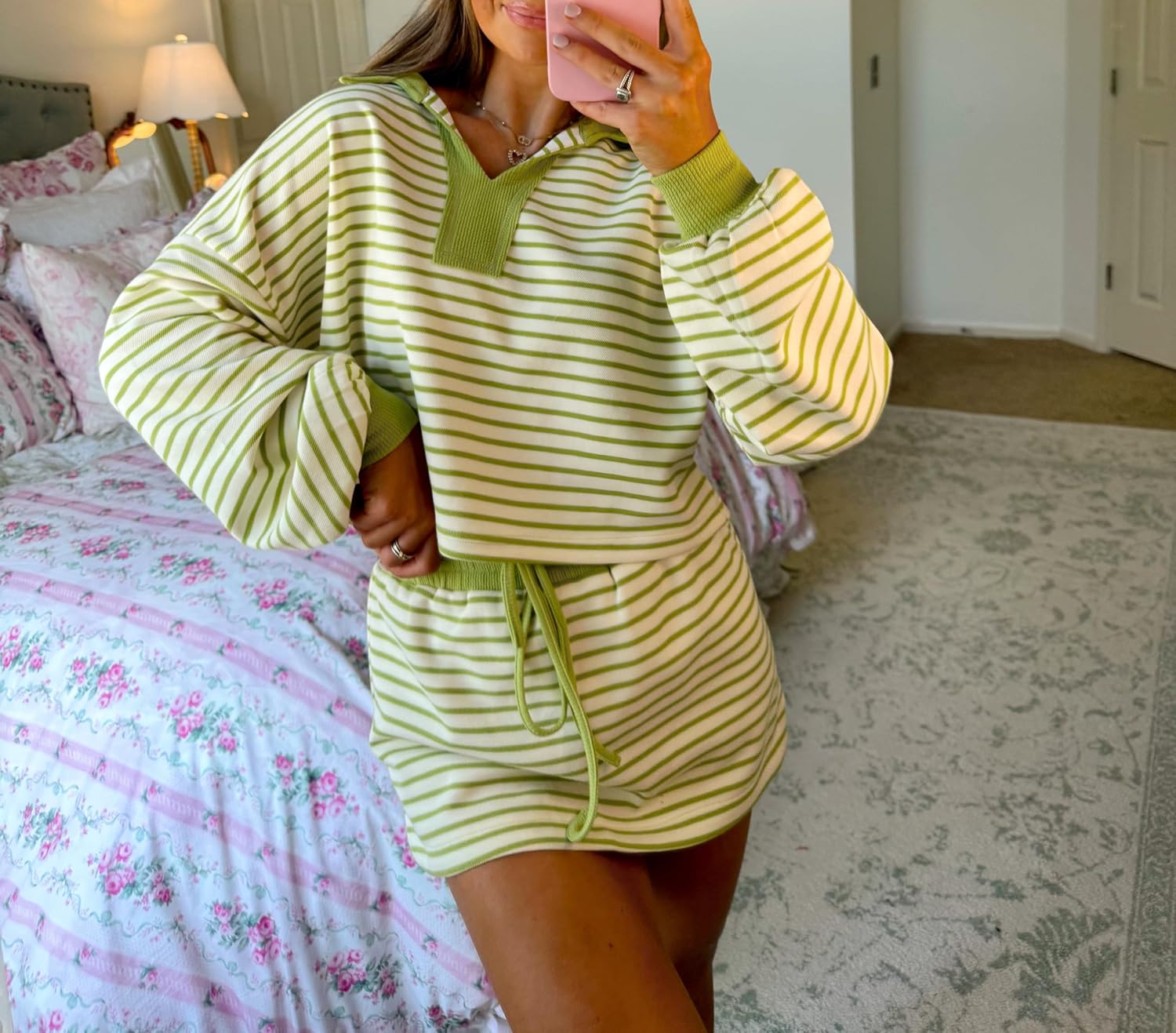 Women Striped 2 Piece Skirt Sets Long Sleeve Sweatshirt Mini Skirts Workout Set Gym Outfits - Image 2