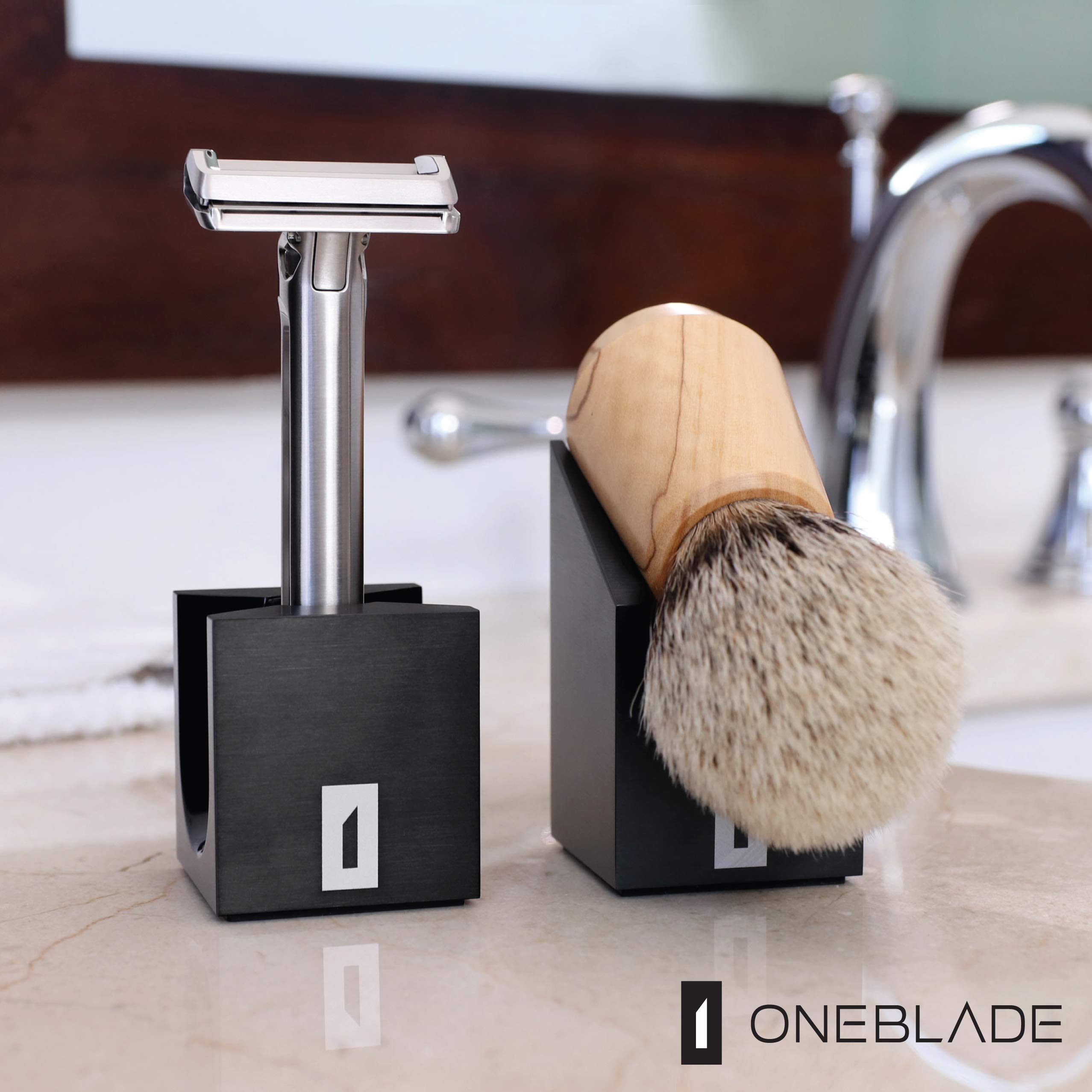 OneBlade Vertikaler Rasierpinsel-Ständer (schwarz) robustes 6063 Aluminium, doppelt eloxierte Oberfläche, hygienische Rasierpinselaufbewahrung, Gewicht 278 g