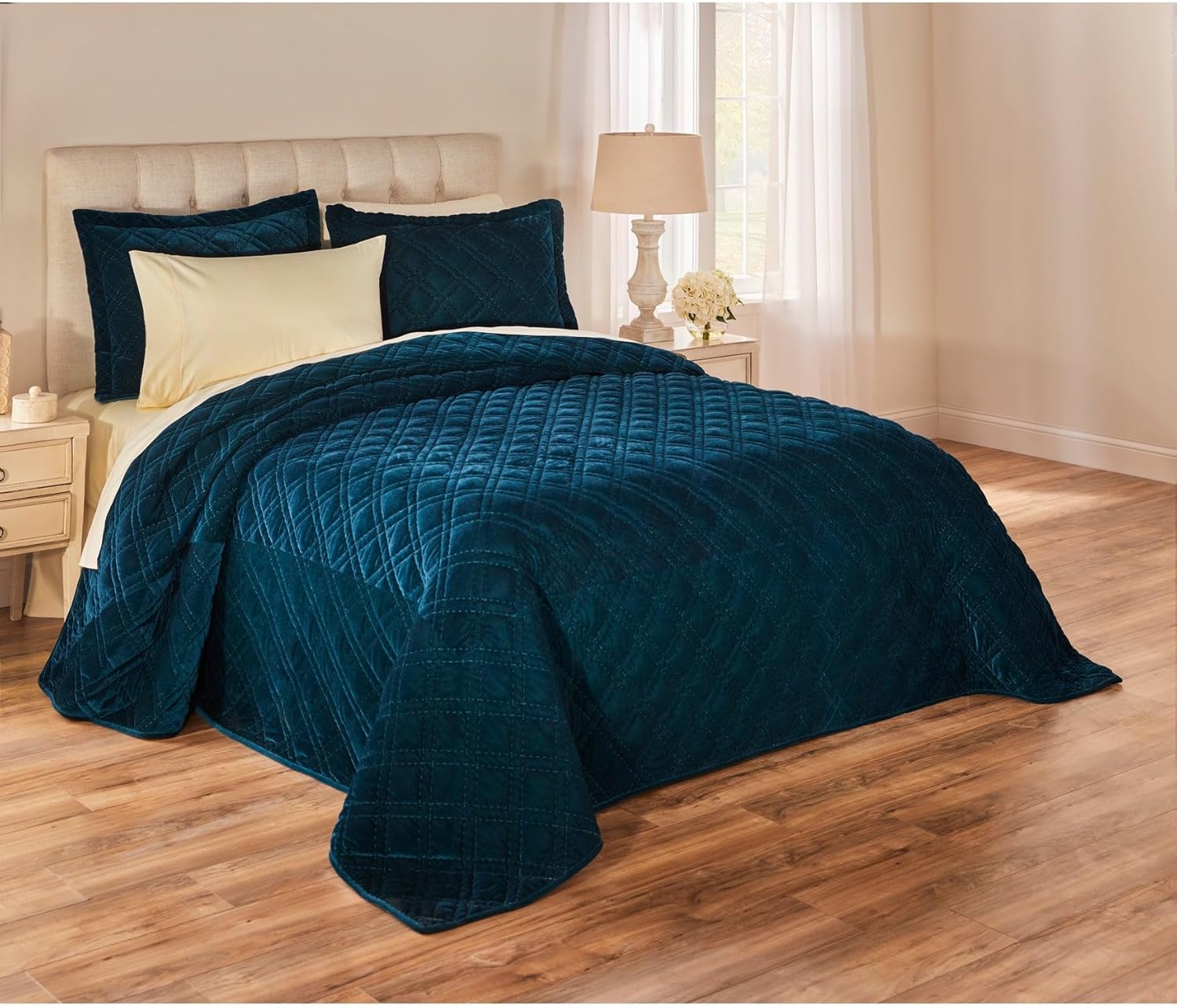 BrylaneHome Velvet Diamond Quilted Bedspread - King, Deep Teal