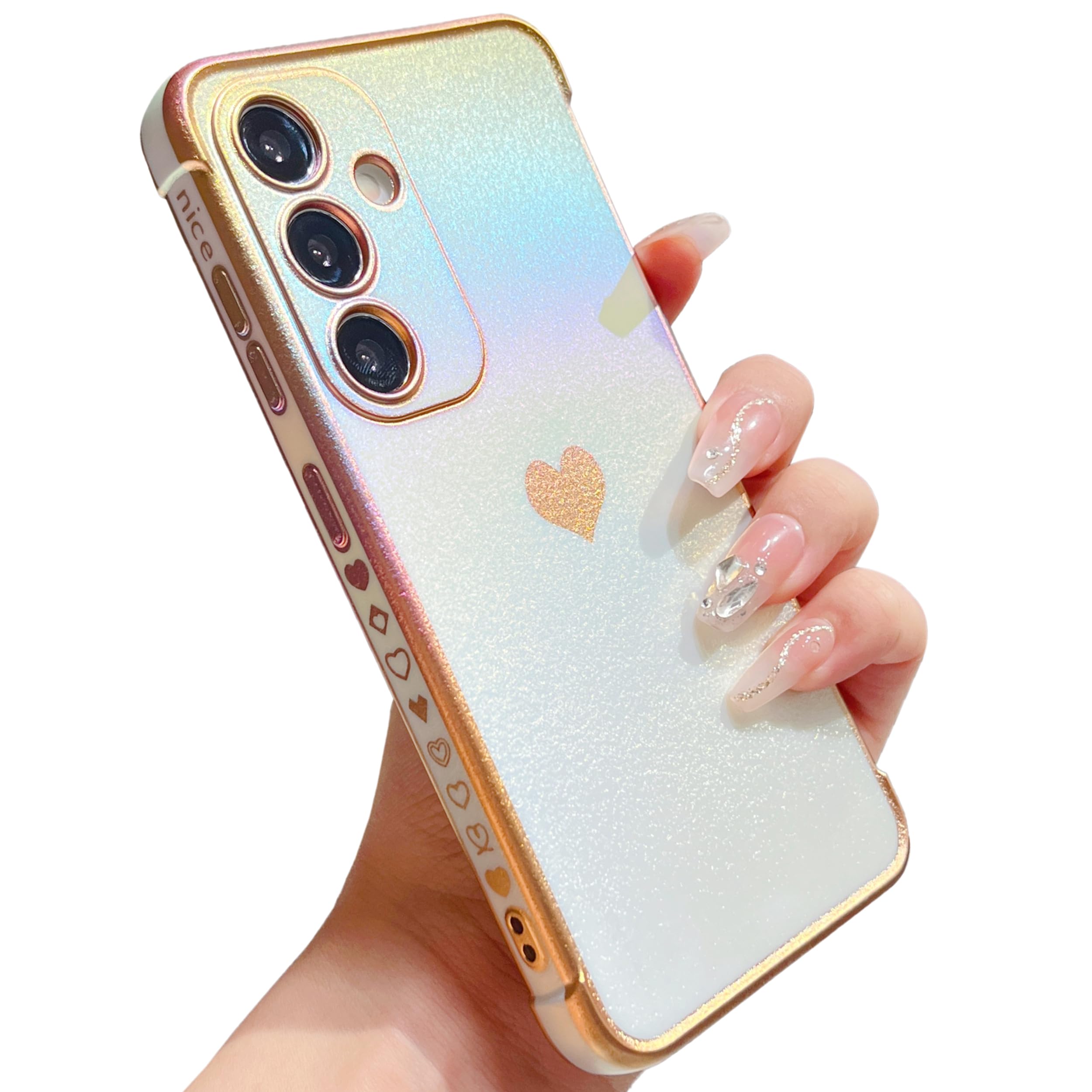 ZTOFERA for Samsung Galaxy S25 Case 6.2 inch,Cute Colorful Iridescent Plating Edge Case with Love Hearts Pattern,Camera Lens Protection Shockproof