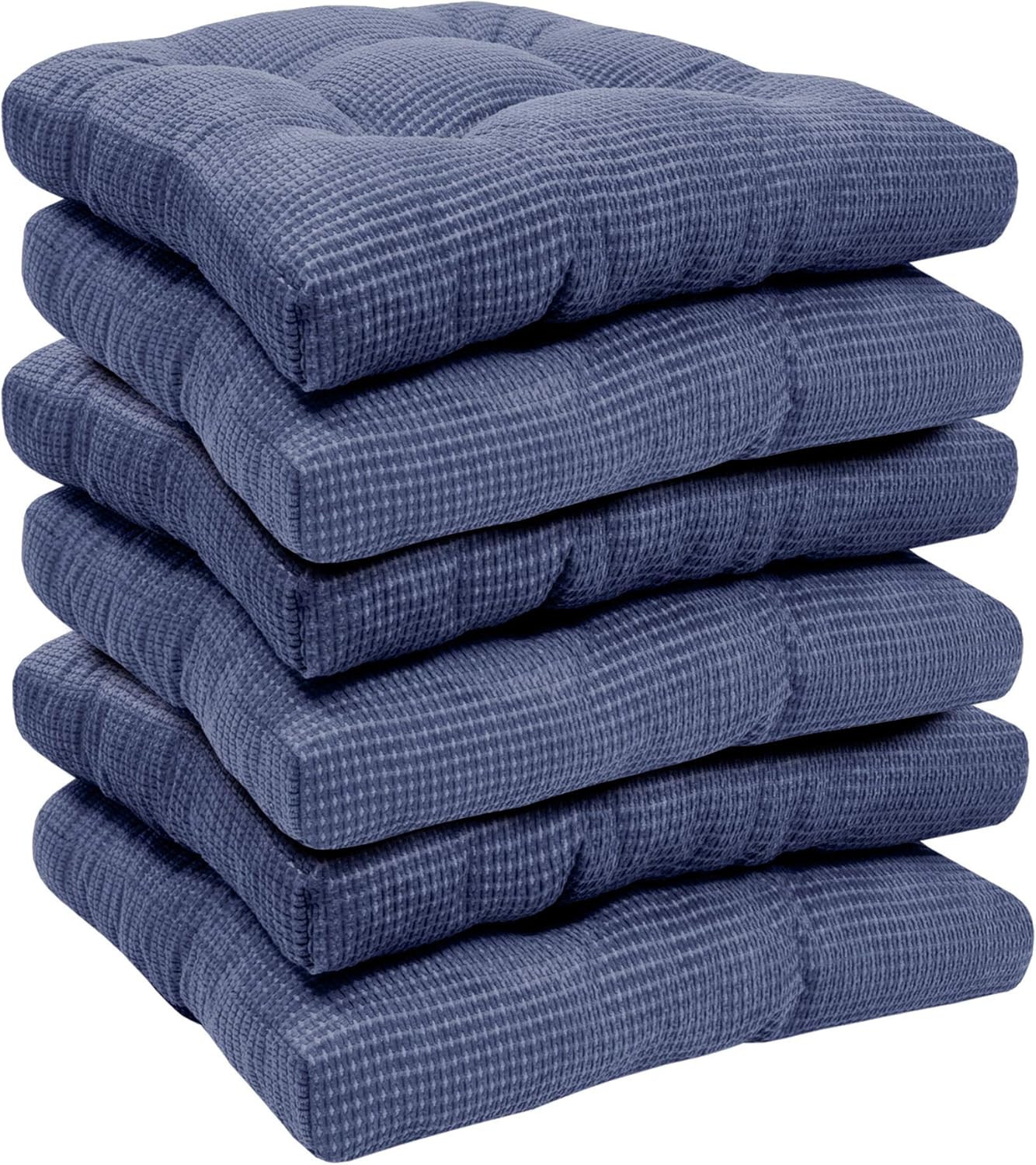 Sweet Home Collection Chair Cushion Crushed Memory Foam Pads Premium Slip Non Skid Microdot Rubber Back Tufted 16" x 16" x 3.25" Thick Seat Cover, 6 Pack, Navy Blue, Fluffy Chair Cushion