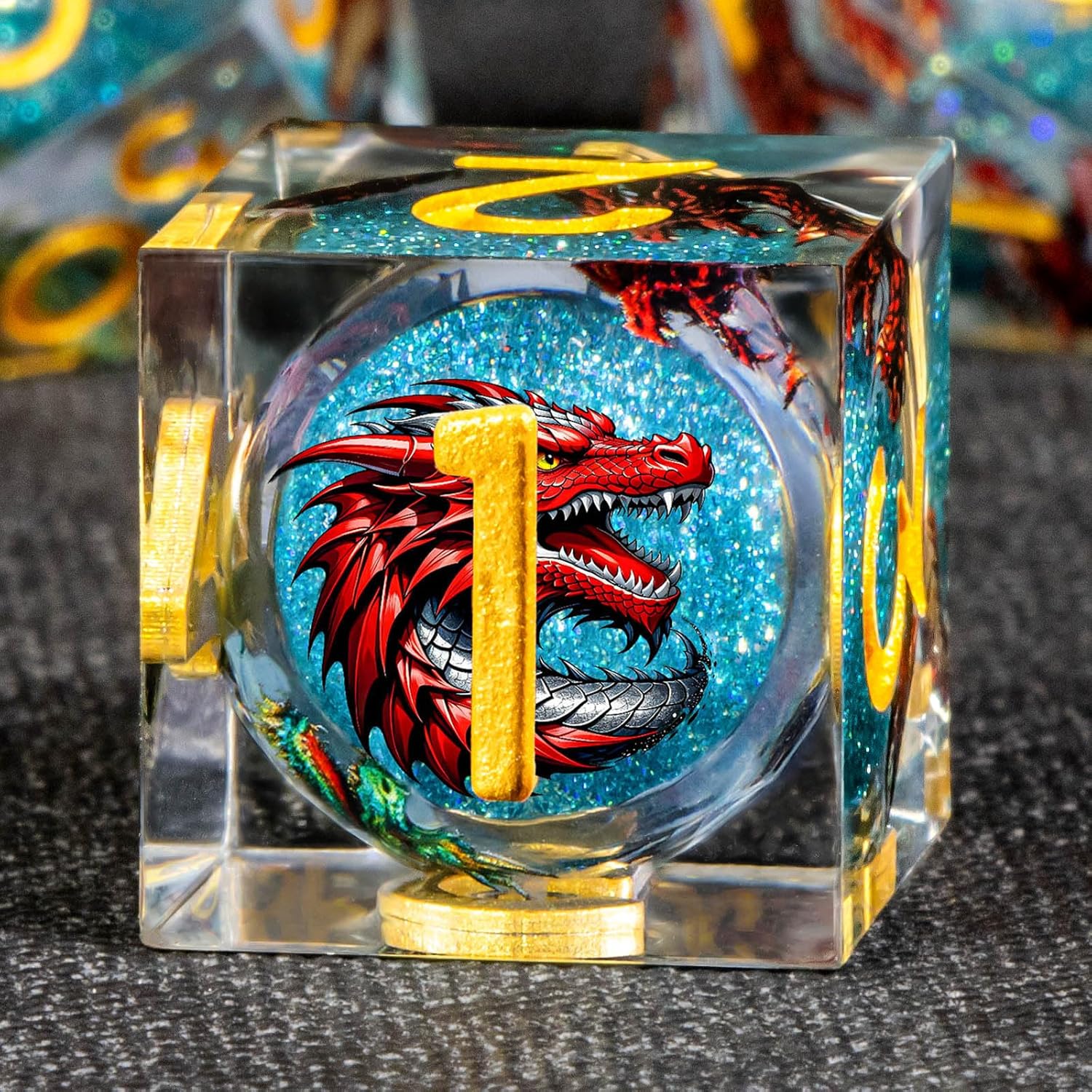 KERWELLSI Liquid Core Dragons Pattern Dice, Resin DND Dice Set with Gift Box, Blue and Gold Sharp Edged Dungeons D&D Dice, Role Playing Game Dice D20 D12 D10 D8 D6 D4