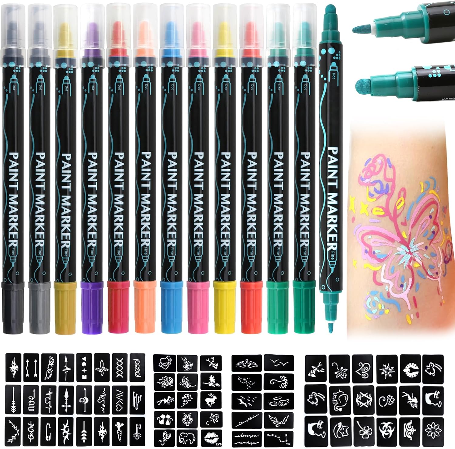 Erinde Temporary Tattoo Markers for Skin, 12 Colors Body Marker Pen ...