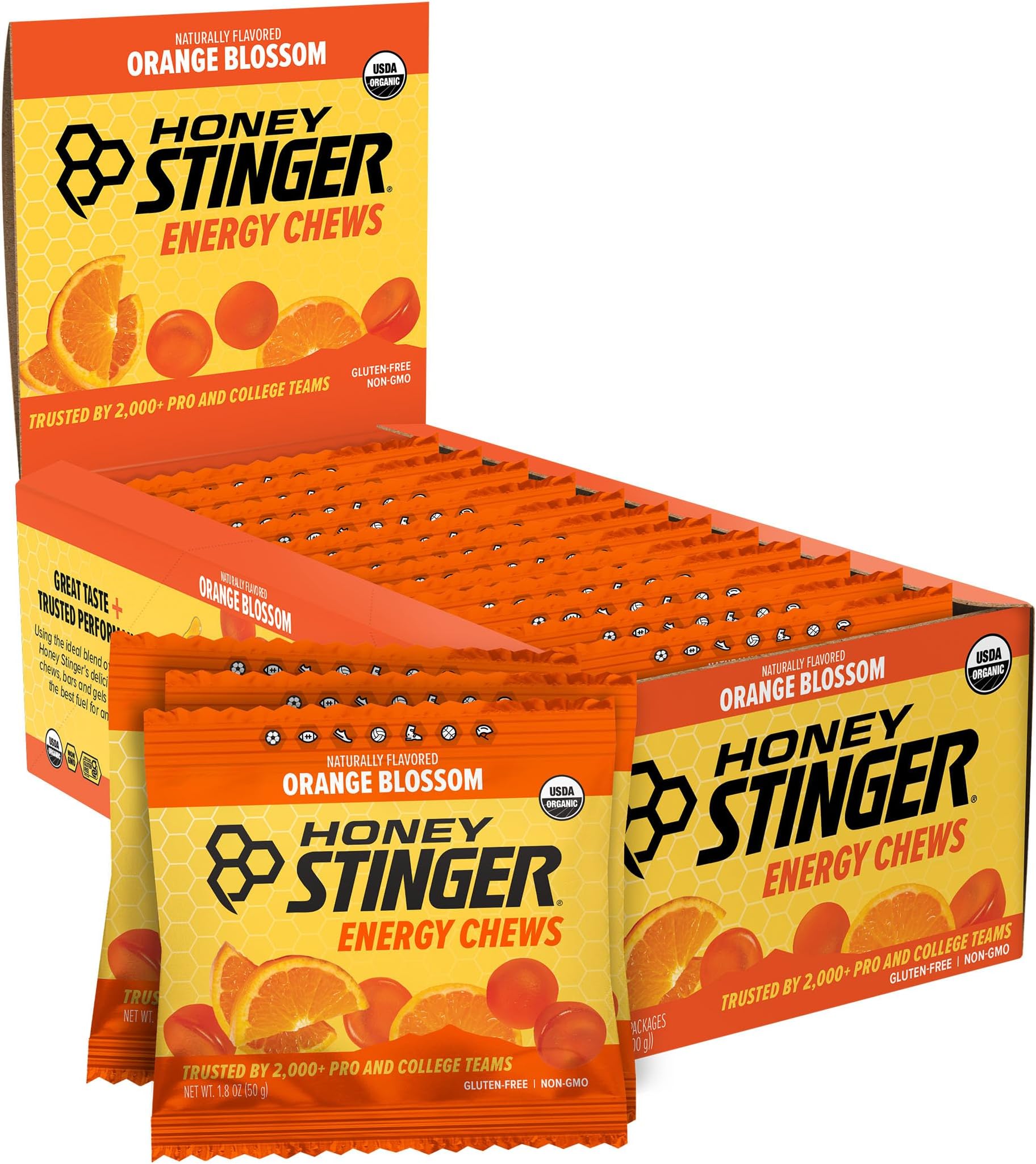 Honey Stinger Organic Orange Blossom Energy Chew, Gluten Free & Caffeine Free, for Exercise, Running and Performance, Sports Nutrition for Home & Gym, Pre and Mid Workout, 21.6 Ounces (Pack of 12)