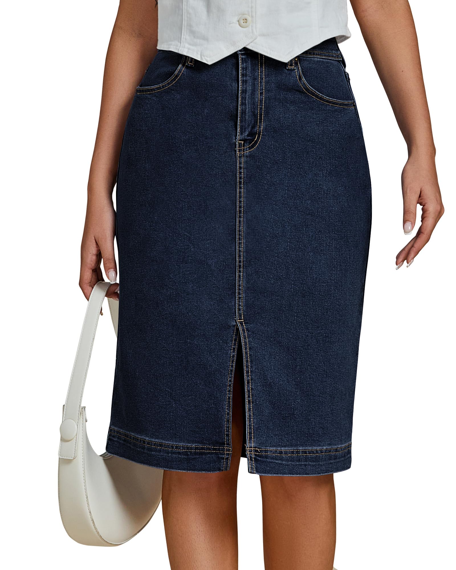 luvamia Stretchy High Waisted Midi Pencil Skirt with Slit