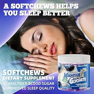Magnesium Glycinate Soft Chews, Blueberry Flavor.Chewable Sugar Free Potassium Magnesium Chews with Magnesium Glycinate, Vitamin D, B6, and CoQ10 for Calm Support & Sleep for Adults, 60 Days Supply
