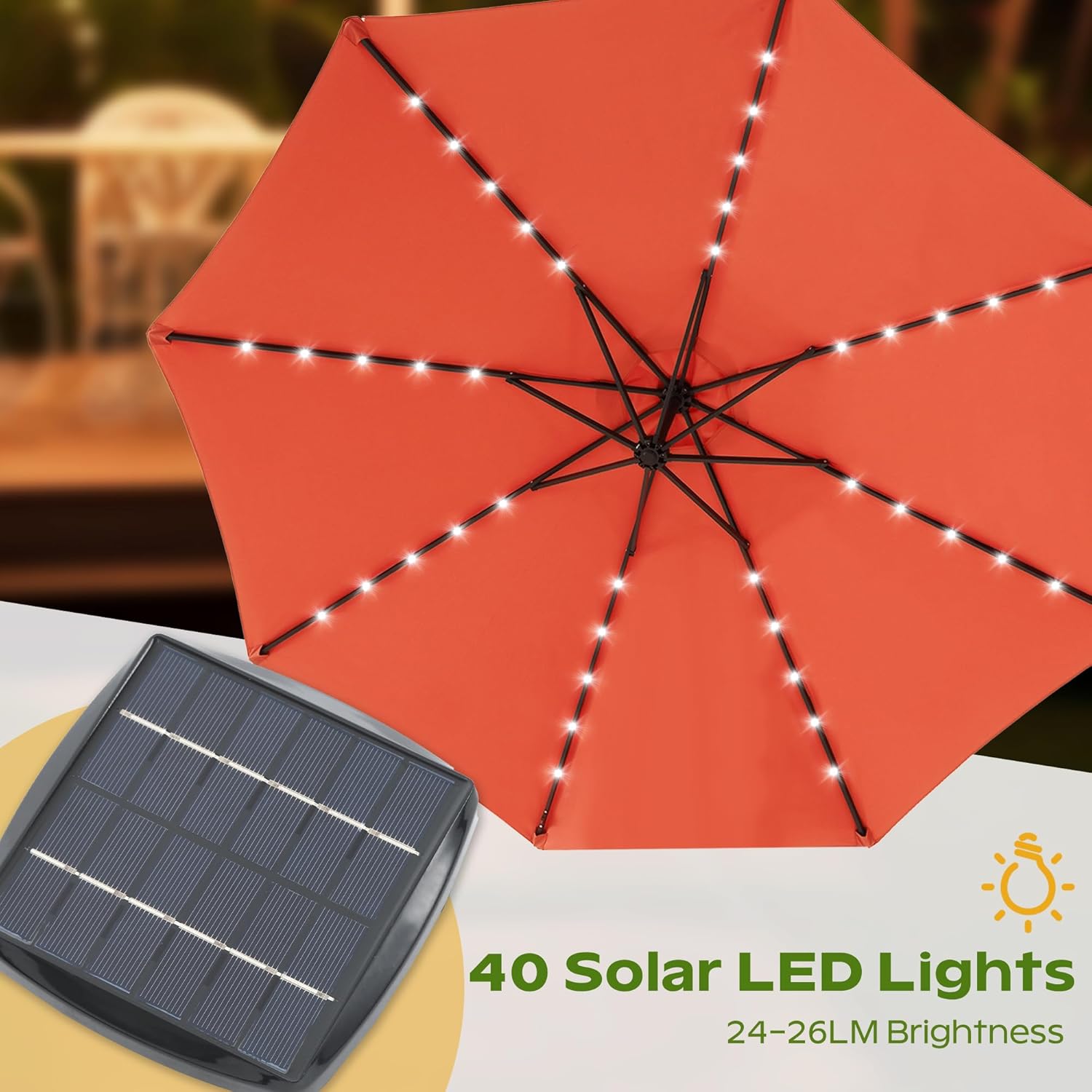 10FT Umbrella Outdoor Patio - Tilt Adjustable Offset Hanging Black Deck Umbrellas with 40 Solar Led Lights and 8 Ribs for Beach, Pool