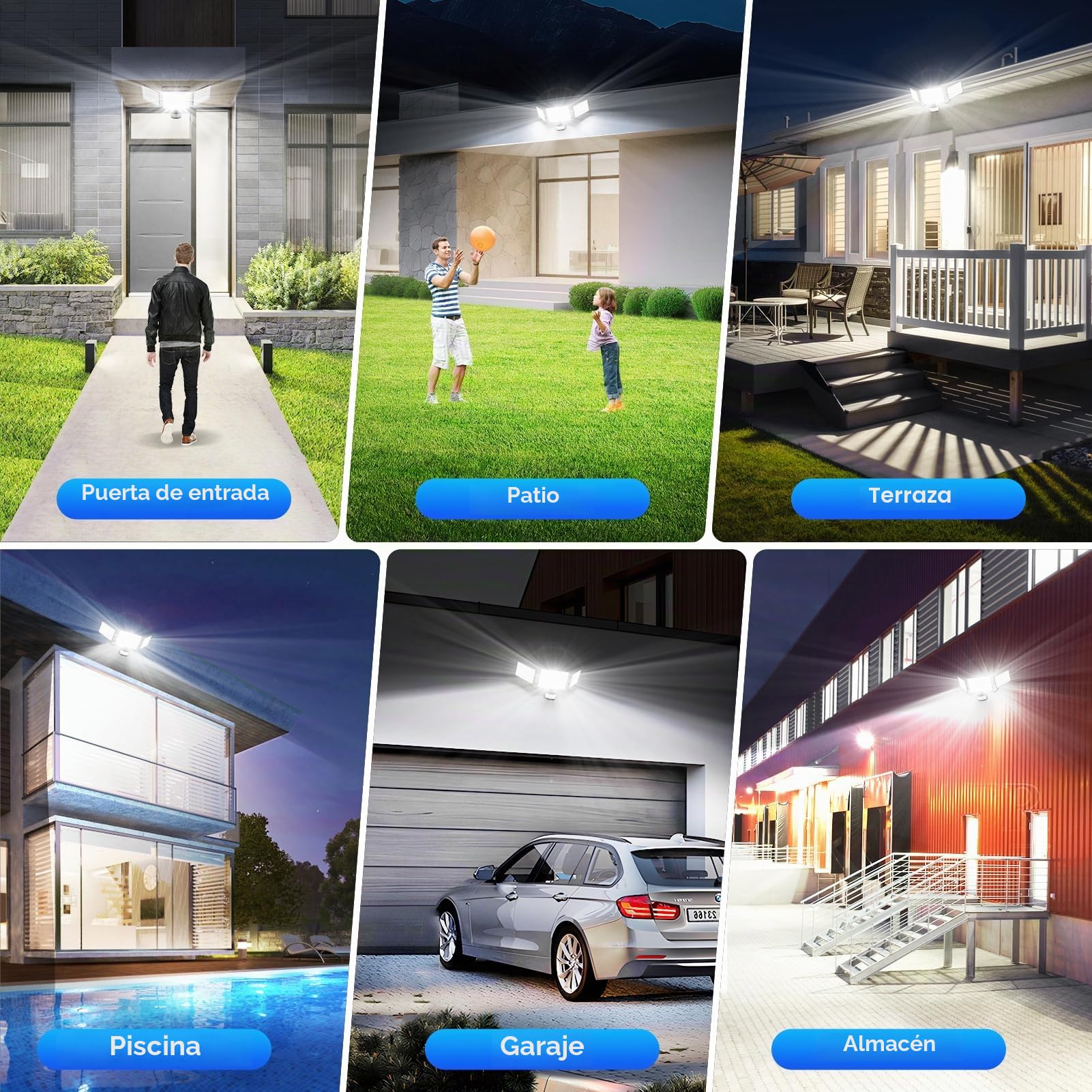 Foco LED con Sensor de Movimiento, 150W 15000LM Super Brillante Focos Exterior, 3 Cabezales de Lámpara, IP66 Impermeable, Rotación Horizontal de 90°, 6500K Blanco Frío para Casa Garaje Patio