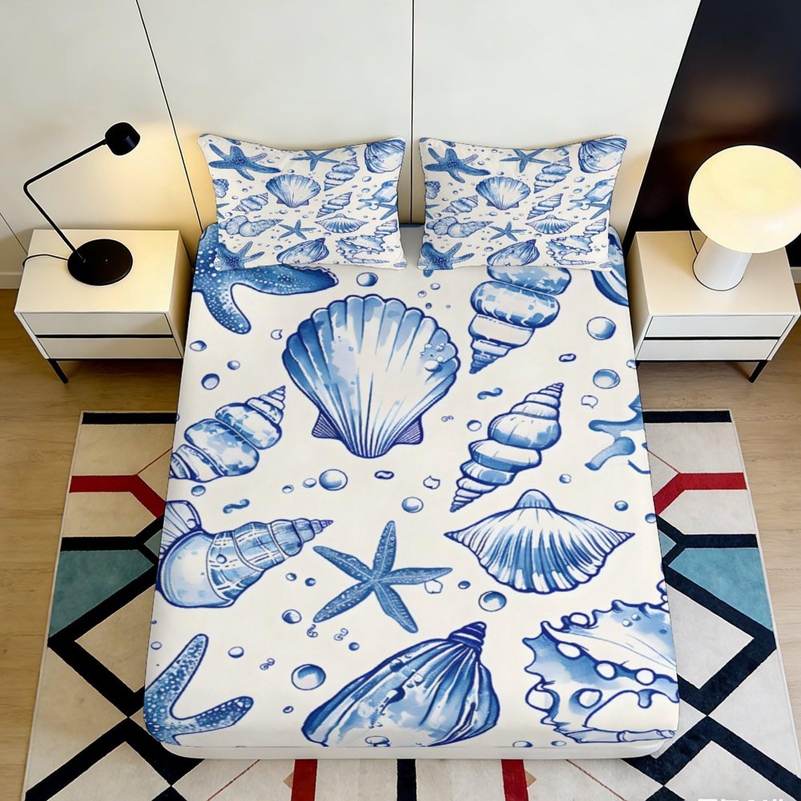 3D Printed Ocean Shell Fitted Sheet Microfiber Soft Breathable Starfish Bed Cover for Bedroom Guest Room Decor 90x200x25cm
