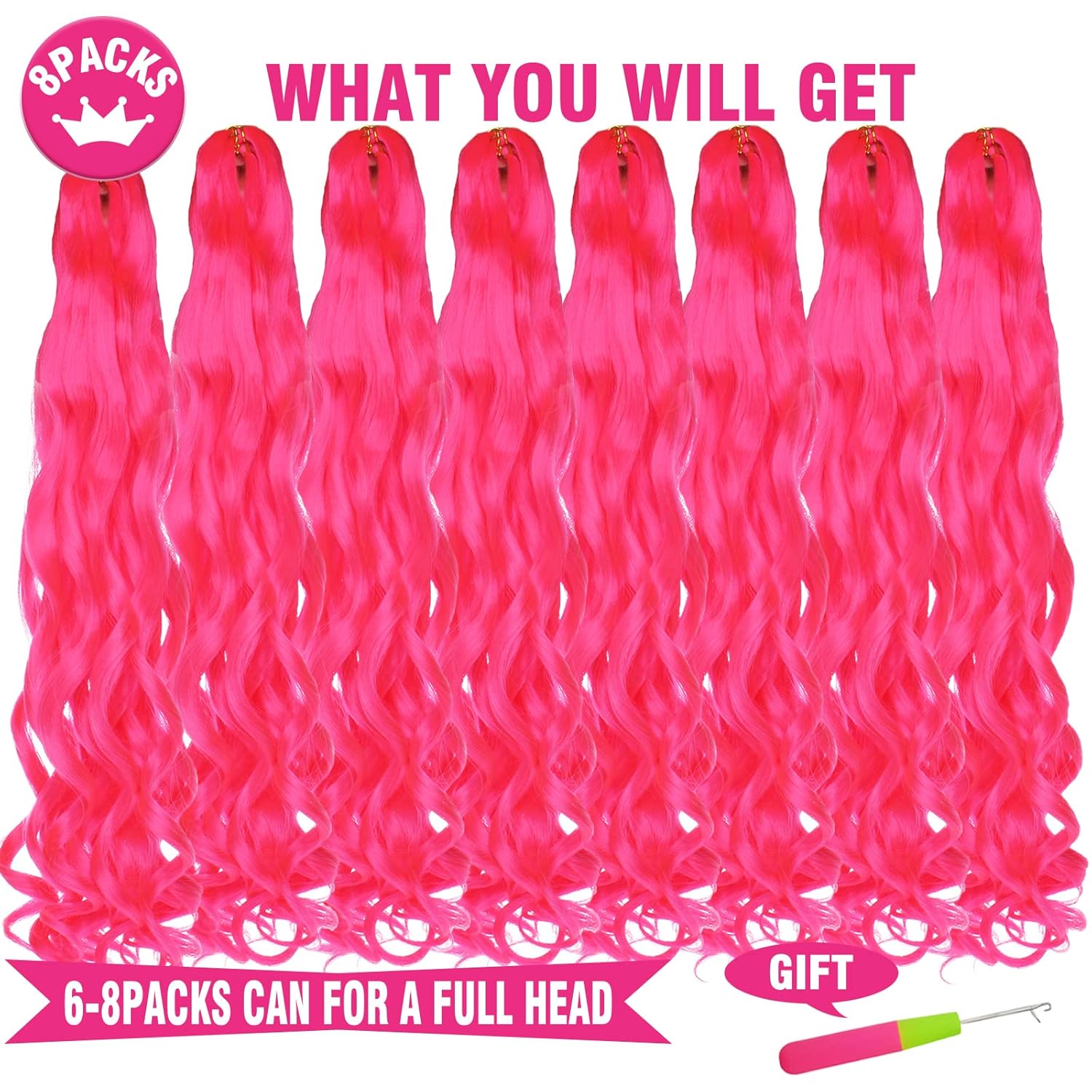 Unionbeauty Hot Pink French Curly Braiding Hair 22 Inch Pre Stretched Bouncy Braiding Hair with Curly Wavy Ends 8 Paks Rose Pink French Curl Braids Spiral Curly Crochet Hair for Black Women