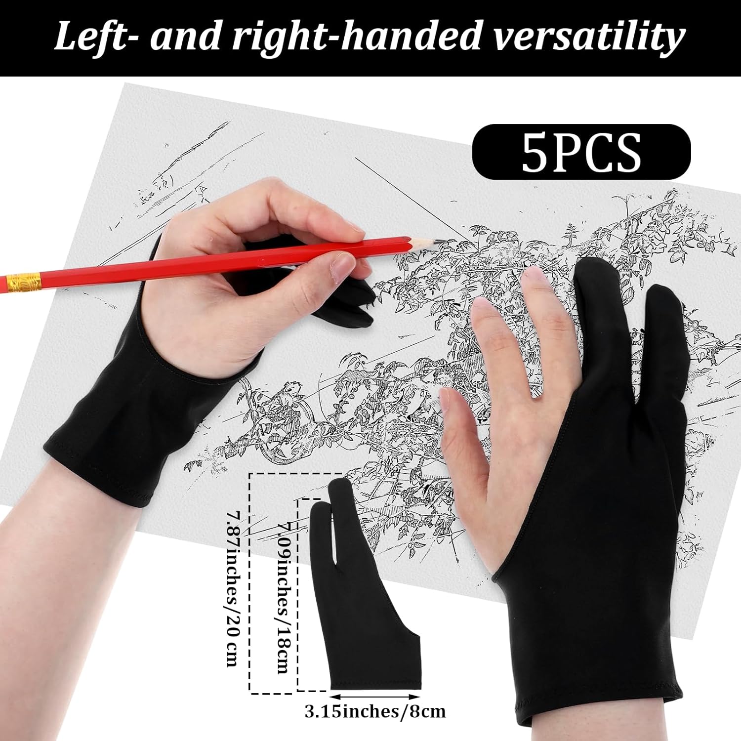 5 Pack Tablet Glove Right Hand Drawing Gloves for Digital Tablet Palm Rejection Artist Glove Two-Finger Drawing Gloves for Graphic Drawings Tablets Monitor Painting Paper Sketching Left Hand Black