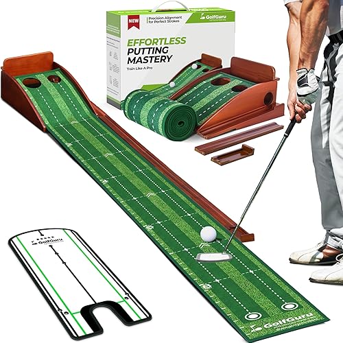 Golfguru Putting Green, tapete de golf de 9.8 pies con pista de retorno de bola automática y espejo de putting, verdes de putting para interiores
