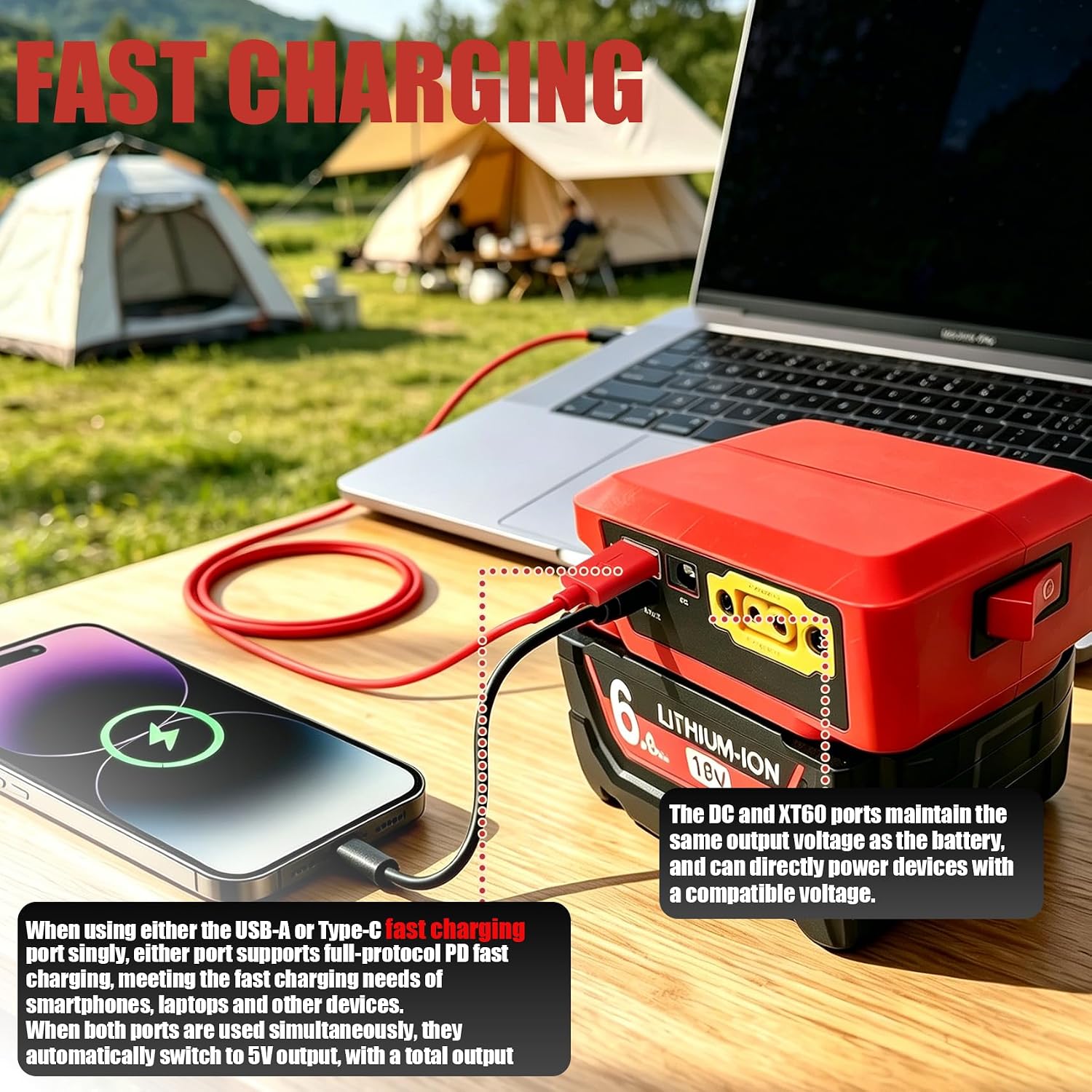 Multifunction Adapter for MIL 18V Batteries | 4-in-1 converter, PD fast-charging USB-A/C ports; DC & XT60 in/out ports for reverse charging batteries; Voltage Display.