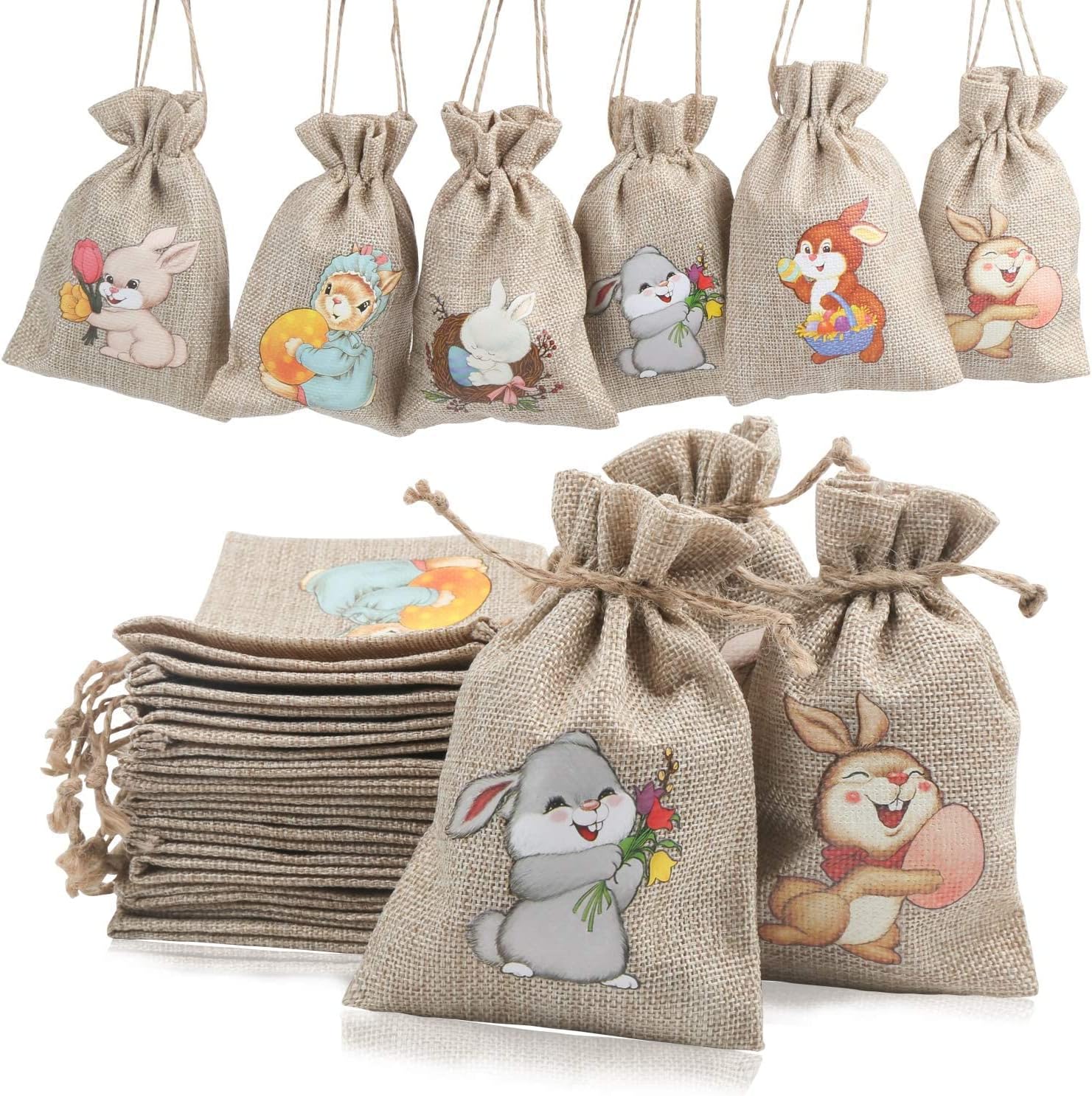STEFORD Easter Burlap Drawstring Gift Bags,24 PCS Easter Jute Linen Burlap Treat Candy Bags for Party Favors Supplies