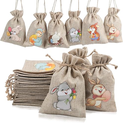 STEFORD Bolsas de regalo con cordón de arpillera de Pascua, 24 bolsas de arpillera de yute de Pascua para dulces para suministros de fiesta