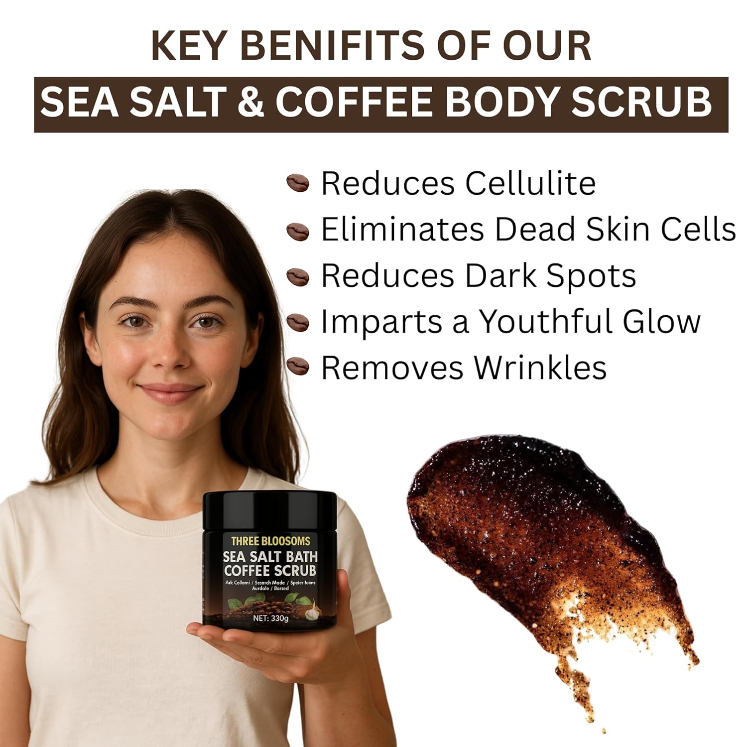 Coffee Scrub Body Exfoliator, 350g Anti Cellulite, Anti aging, Removes Dark Circles, Wrinkles, Gift for Women and Men, contains Coffe-Seeds, Sea Salt, Coconut Oil, Leaf Extracts (350g, Coffee Scrub) - Image 3
