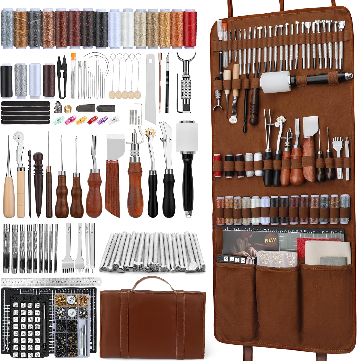 CBHGFEA Leather Working Kit, Leather Working Tools and Crafting Kit with Custom Storage Bag, Engraving, Cutting, Sewing, Stamping, Sanding Supplies for DIY Handicraft Making and Repair