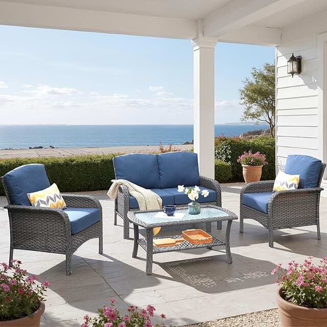 4 PCS Outdoor Patio Furniture Set with Glass Table, All-Weather Rattan W...