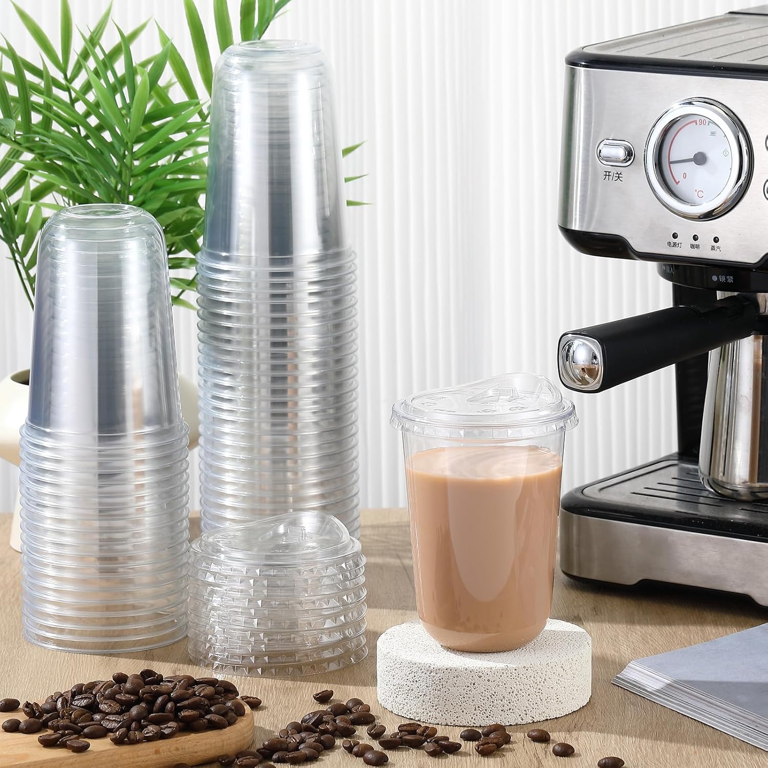 Ziliny 50 Sets 16 oz Clear Plastic Cups with Strawless Sip Lids, Thickened Clear Disposable Plastic PET Crystal Cups for Iced Coffee, Smoothie, Cold Beverage, Drink Shops and Party Catering 16 oz 50