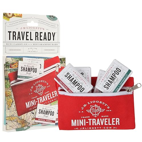 JRLIGGETT'S Barras de champú para viajeros totalmente naturales de 0.65 onzas y paquete de mini bolsa de viajero, apoya folículos fuertes y