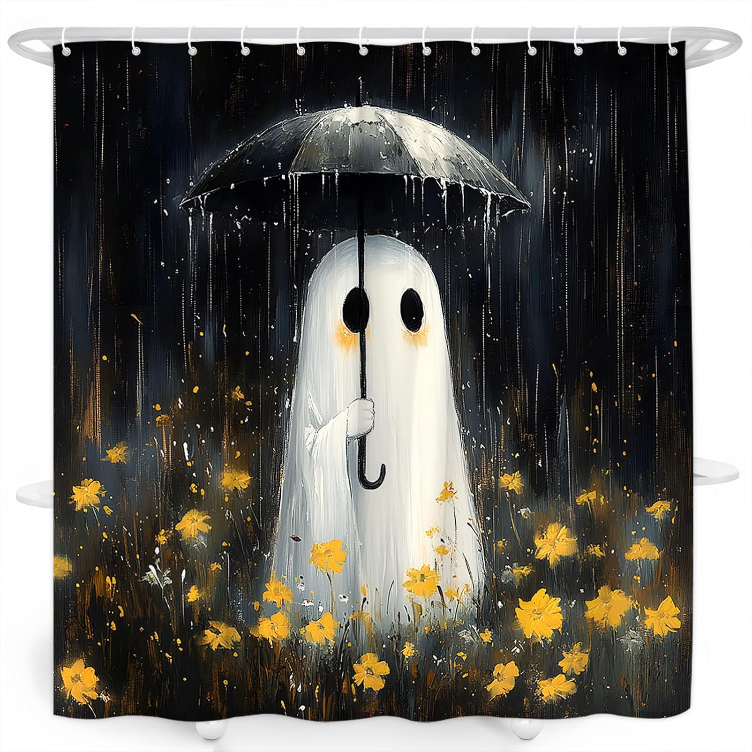 Funny Ghost Shower Curtain Halloween Cute Ghosts Yellow Flower Wildflowers Spooky Vintage Floral Scary Rustic Farmhouse Fall Bathroom Decor Curtain with Hooks